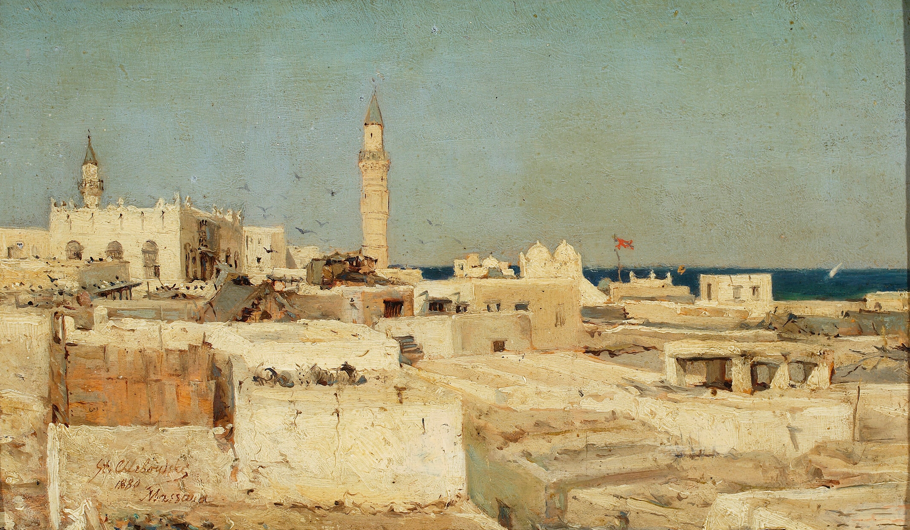 View of Massawa by Stanisław Chlebowski, oil painting depicting a sunset over tranquil waters