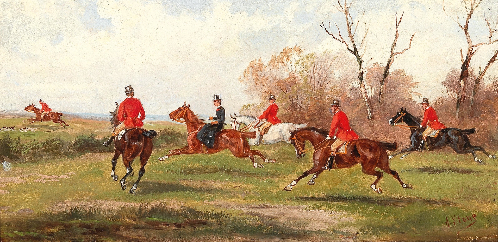 Fox Hunt by Alfred Steinacker, oil on canvas depicting hounds chasing a fox in a vibrant landscape.