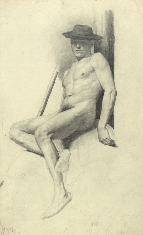 A seated male nude with a hat by Gustav Klimt.