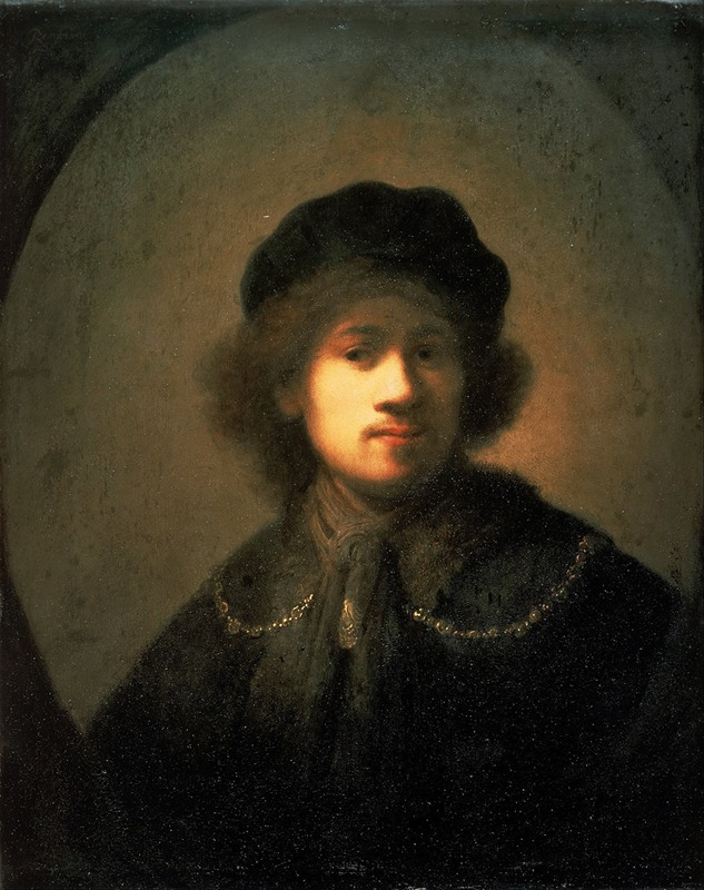 A young man in a dark outfit, painted by Rembrandt.