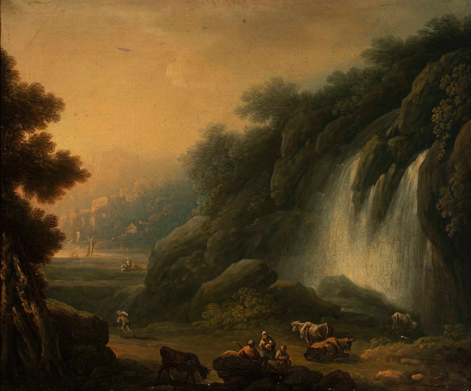 Mountain landscape with a waterfall and staffage, oil painting by Franciszek Ksawery Lampi