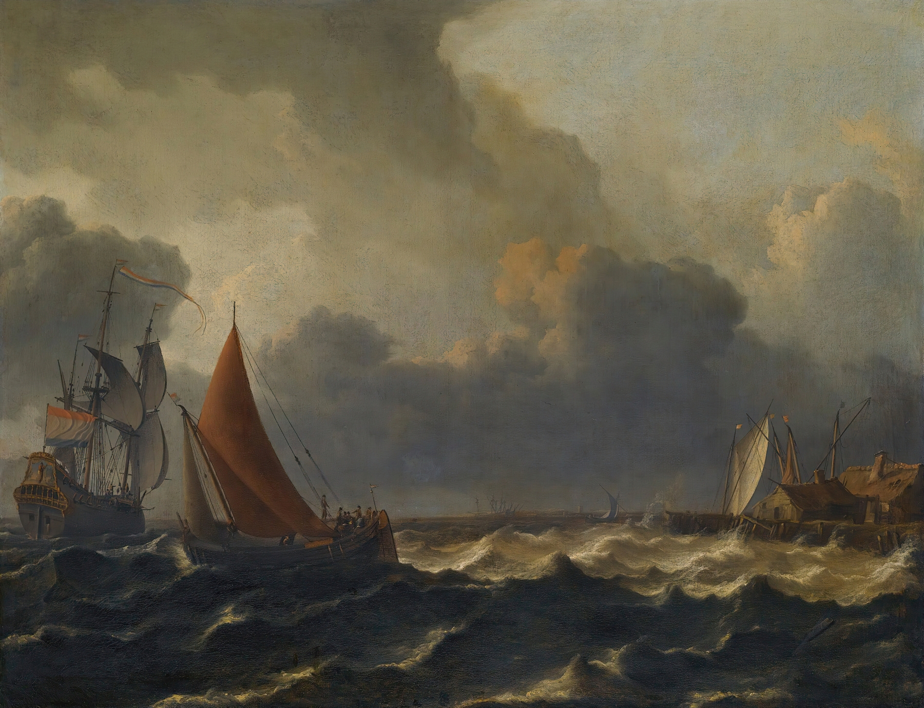 A Smalschip Closed Hauled In A Stiff Breeze With A Flagship Offshore To The Left And A Jetty To The Right, by Aernout Smit, public domain