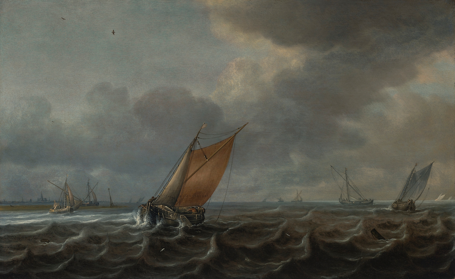 Ships on the Haarlemmermeer by Justus de Verwer, oil painting depicting vessels on water and a vast sky.
