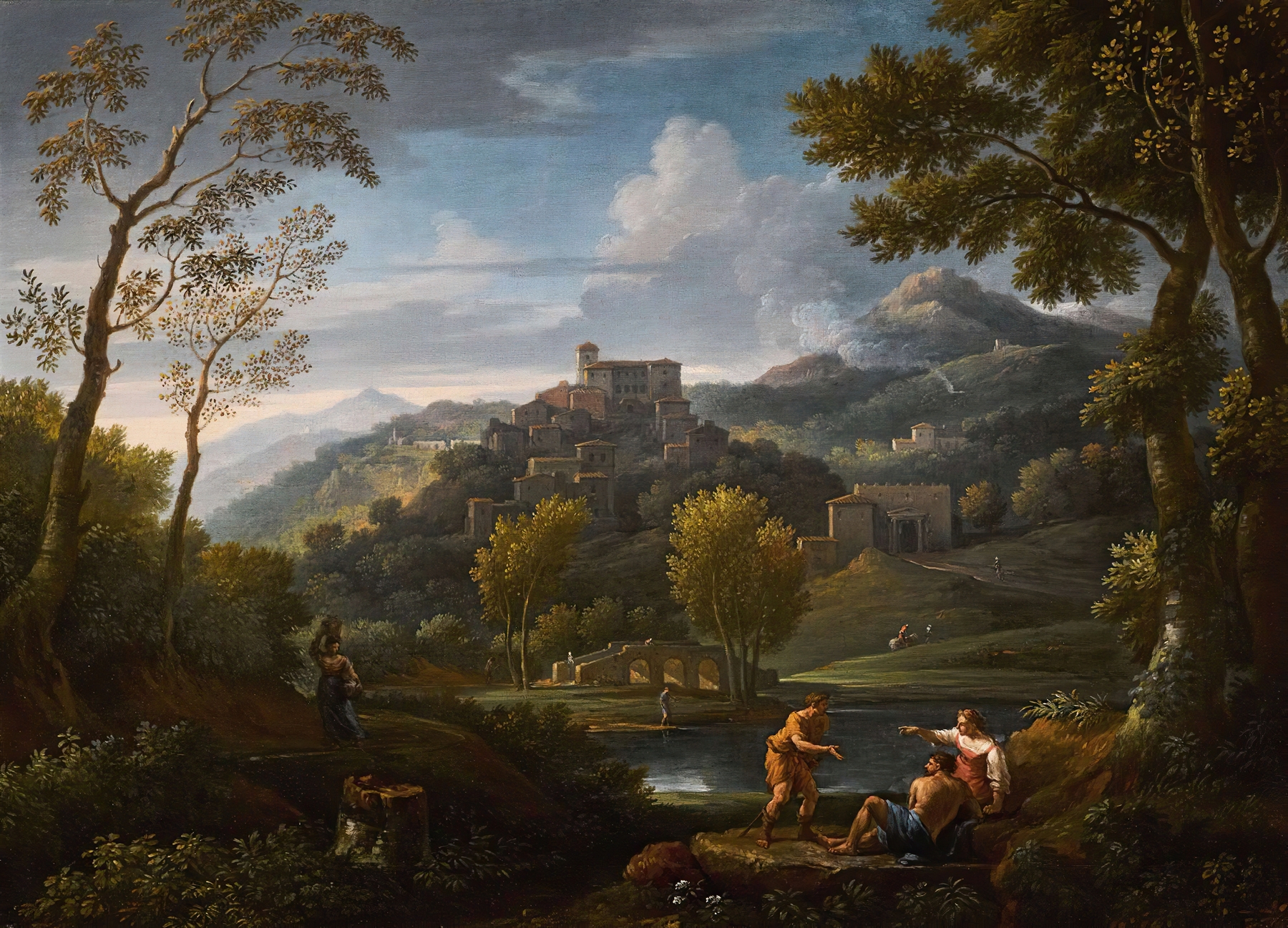 An italianate landscape with figures in the foreground, a hilltop town beyond, by Jan Frans Van Bloemen, public domain