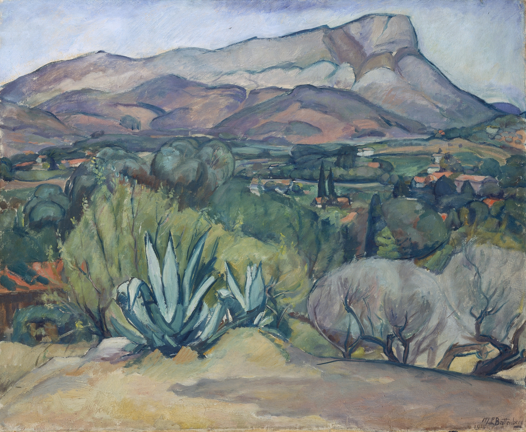 Provence landscape by Mathilde Battenberg, oil on canvas depicting rolling hills and a lavender sky.