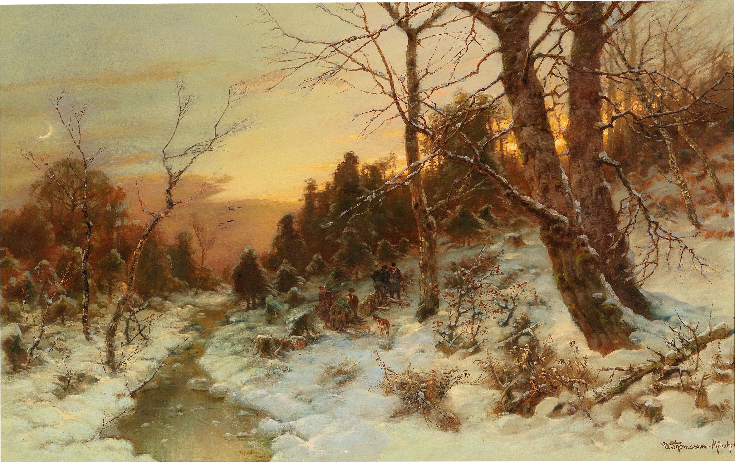 Woodworkers in a winter woodland, oil on canvas by Désiré Thomassin
