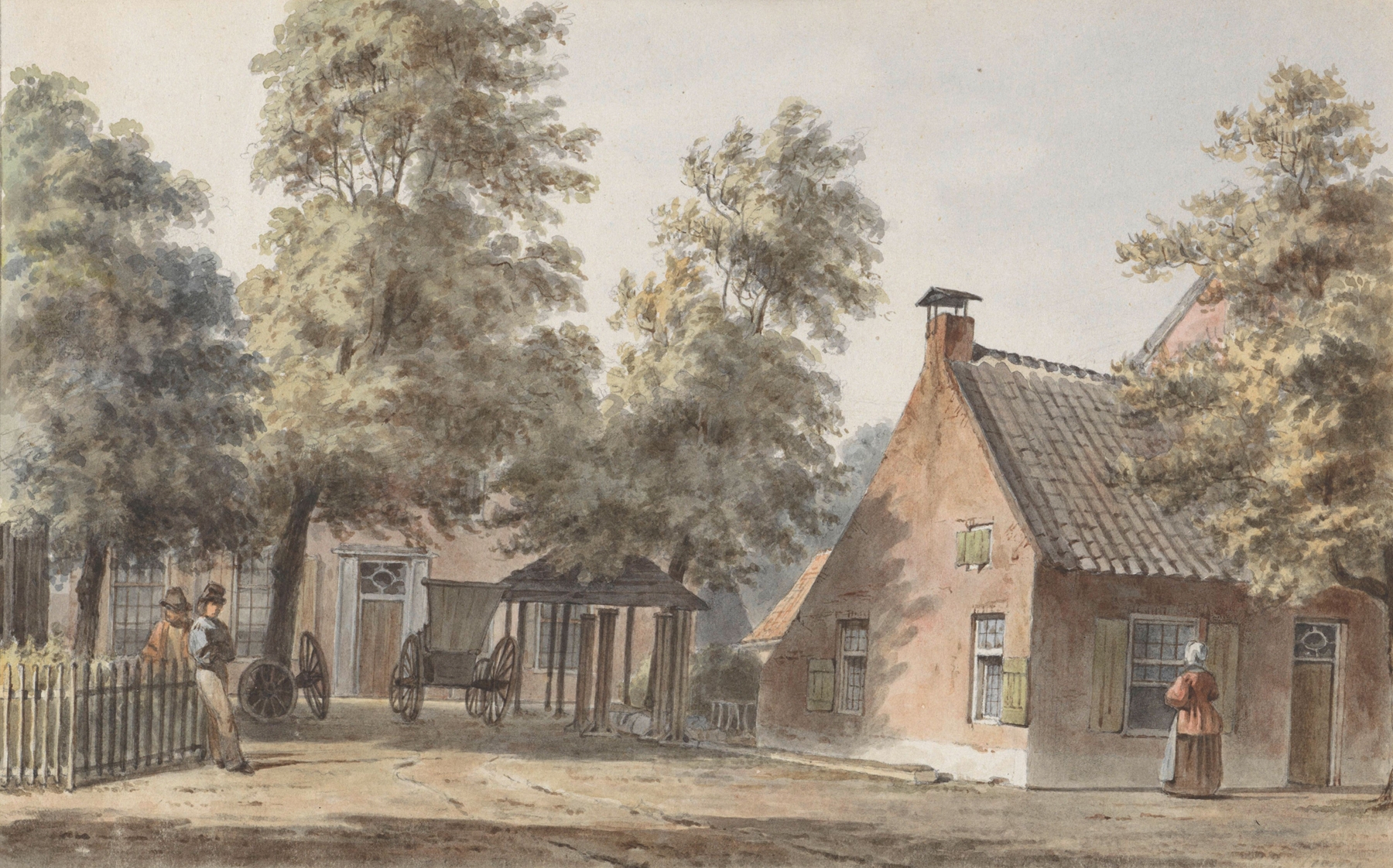 Dorpsgezicht met links twee mannen leunend tegen een hekwerk, by Hendrik Abraham Klinkhamer, public domain
