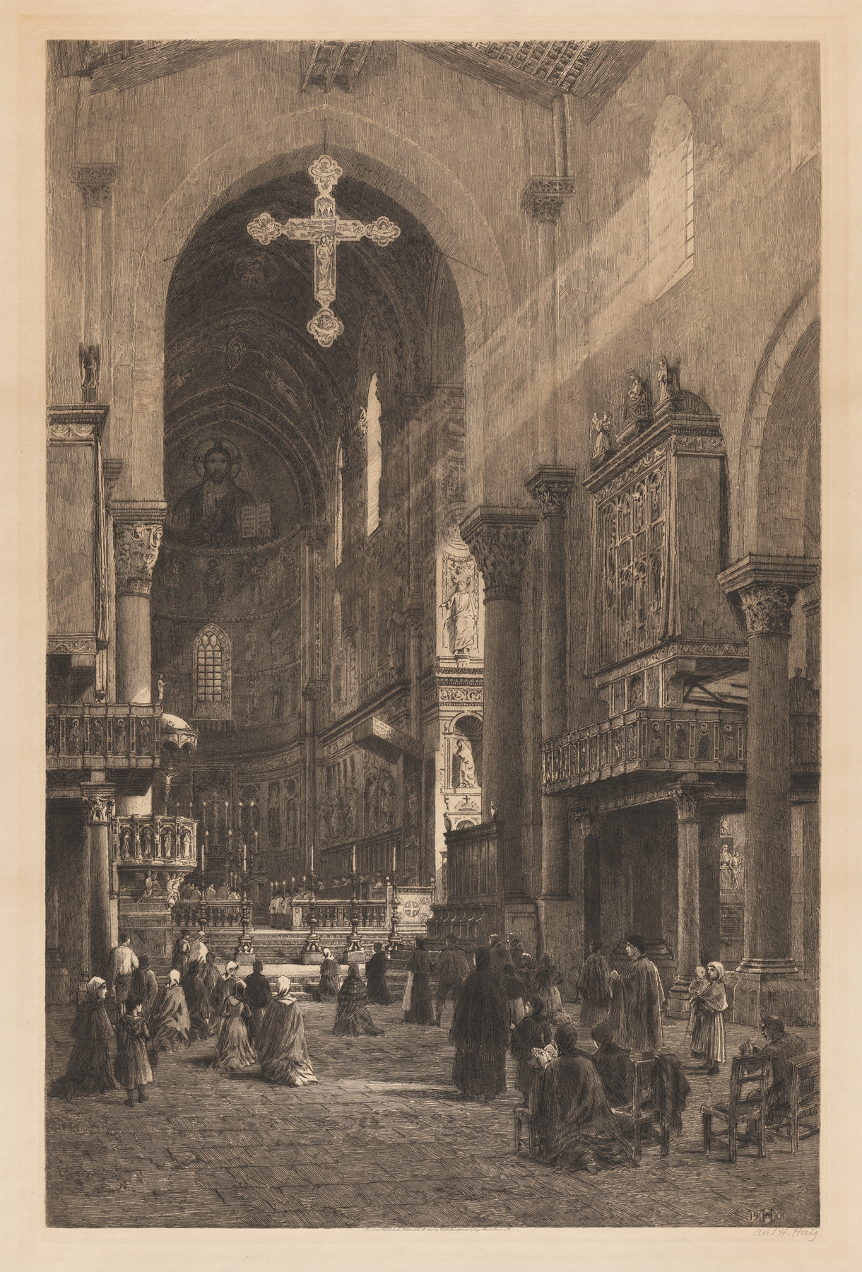 Gefaler Cathedral engraving by Axel Herman Haig, featuring intricate spires and a dramatic sky.