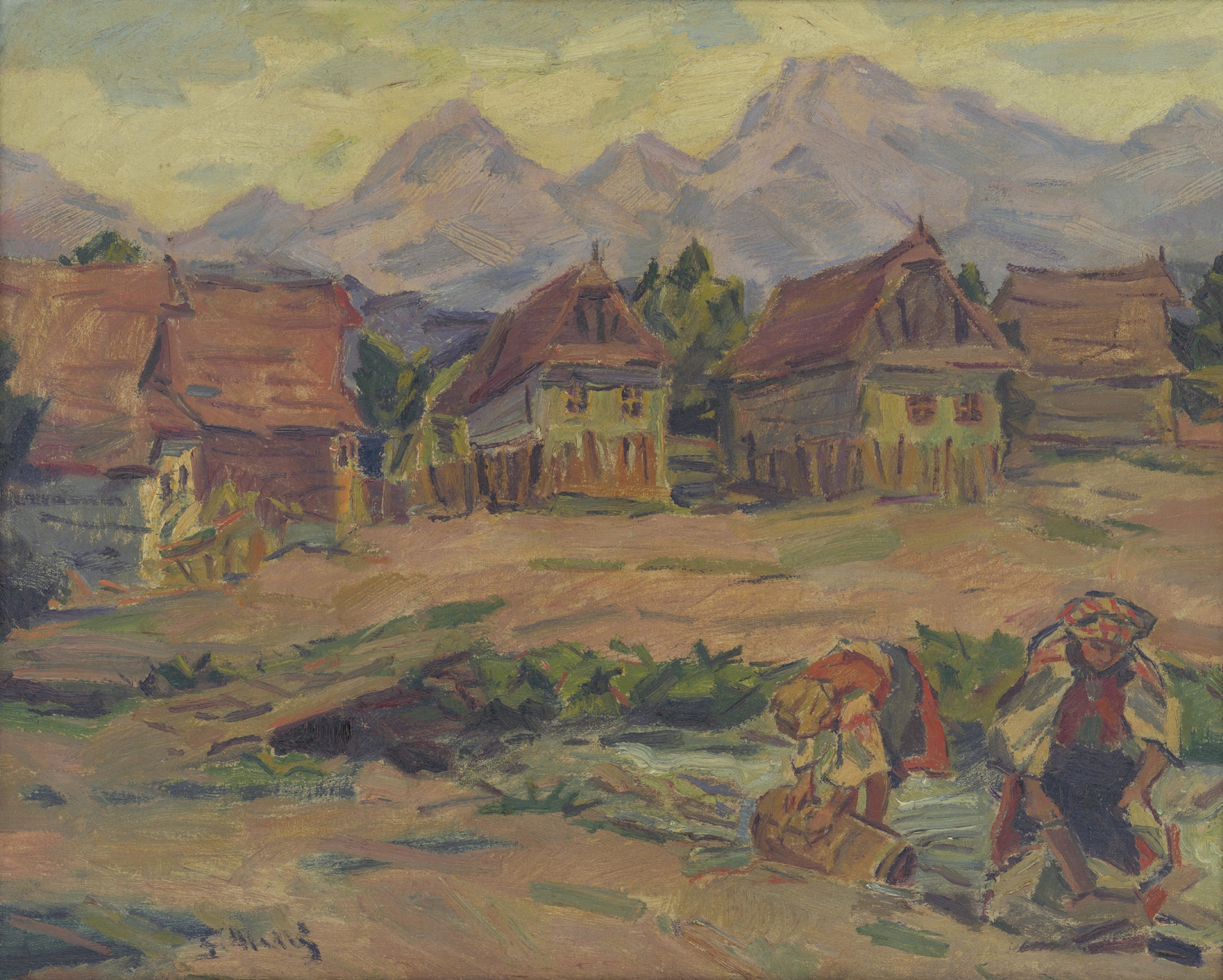 On a Brook below the Tatras by Gustáv Mallý, oil painting depicting a serene brook and lush landscape.