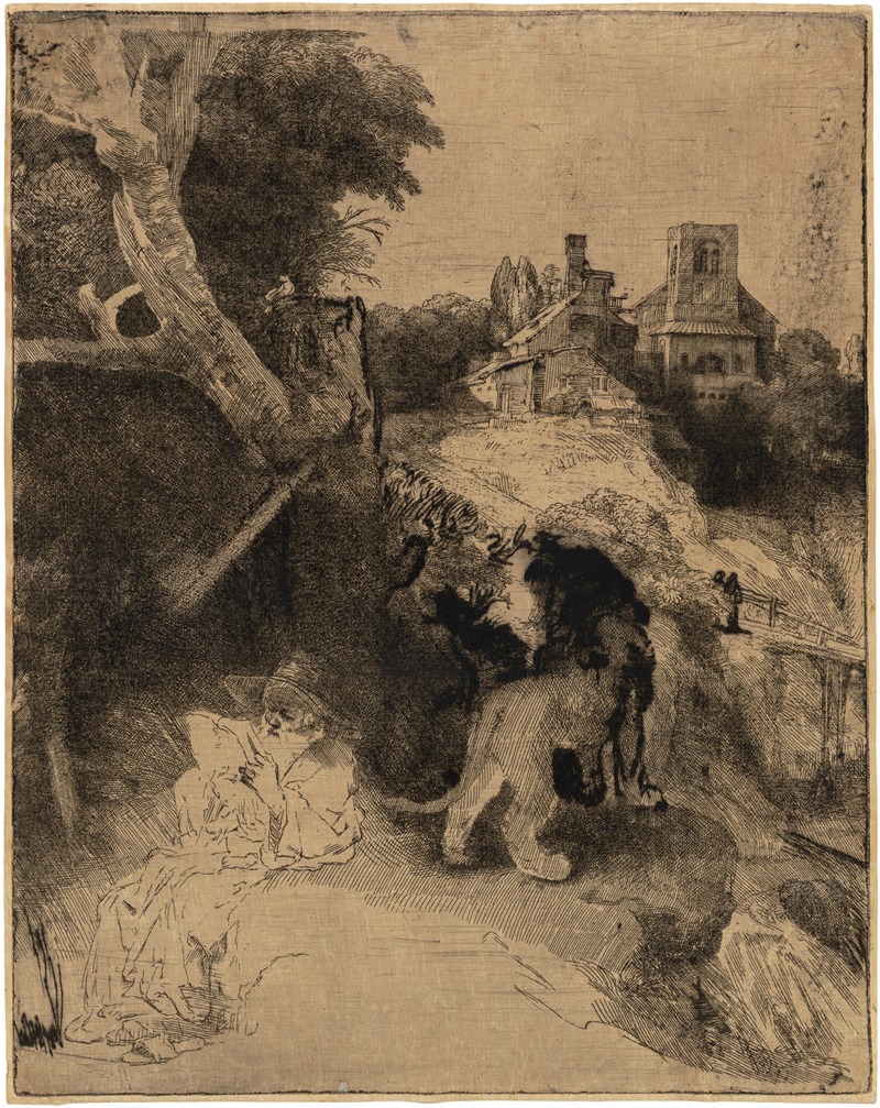 Rembrandt's Saint Jerome reading in an Italian Landscape showcases a serene moment in nature.