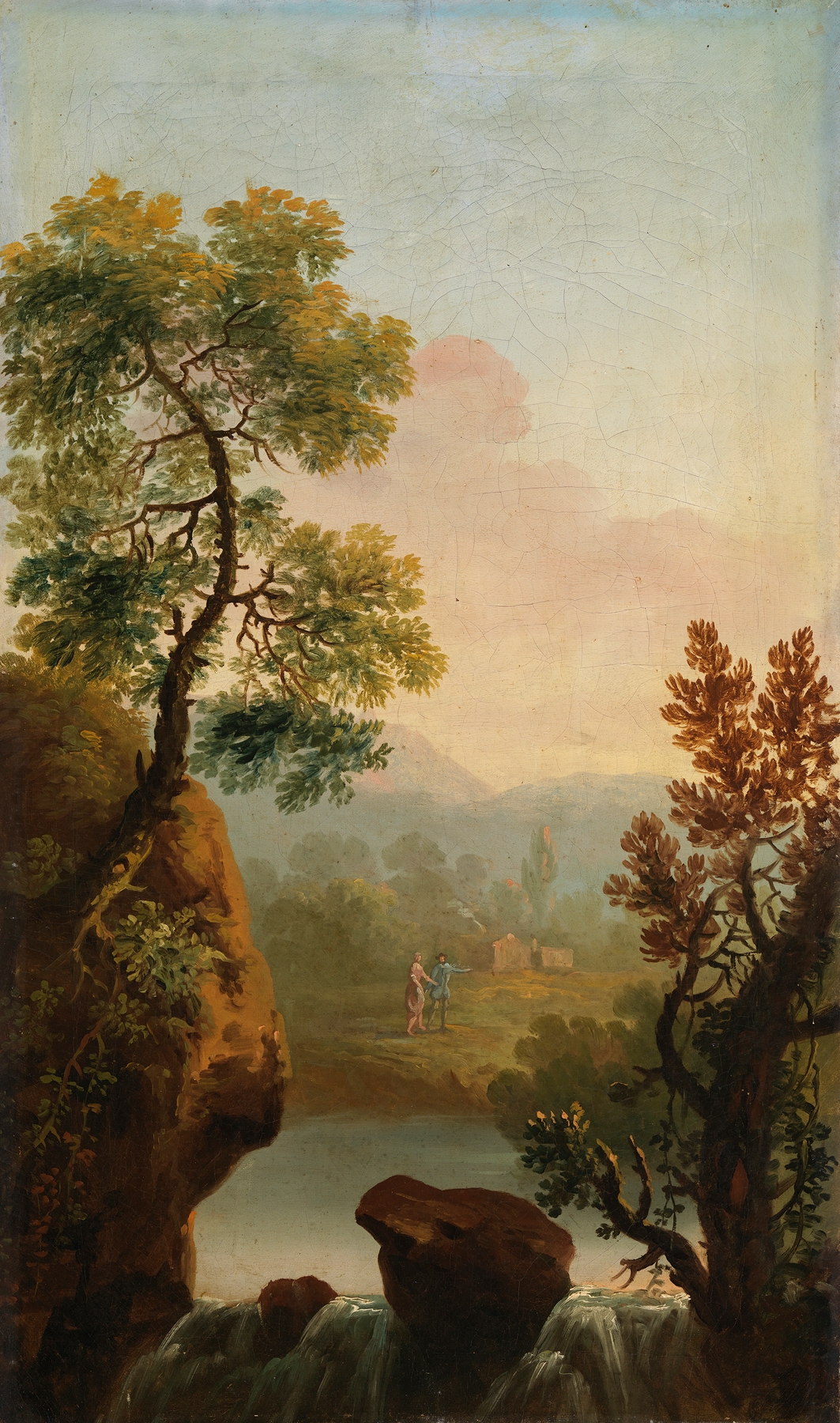 Landscape with Figures in the Background, oil on canvas by George Barret, featuring hills and silhouetted figures.
