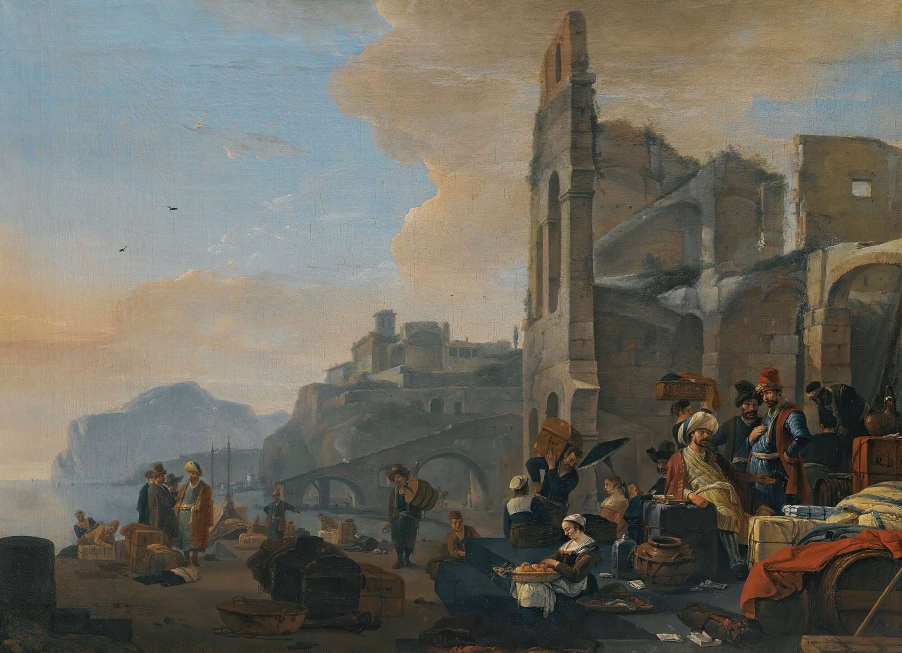 An Italianate coastal landscape with figures in traditional dress by Thomas Wijck, unknown medium
