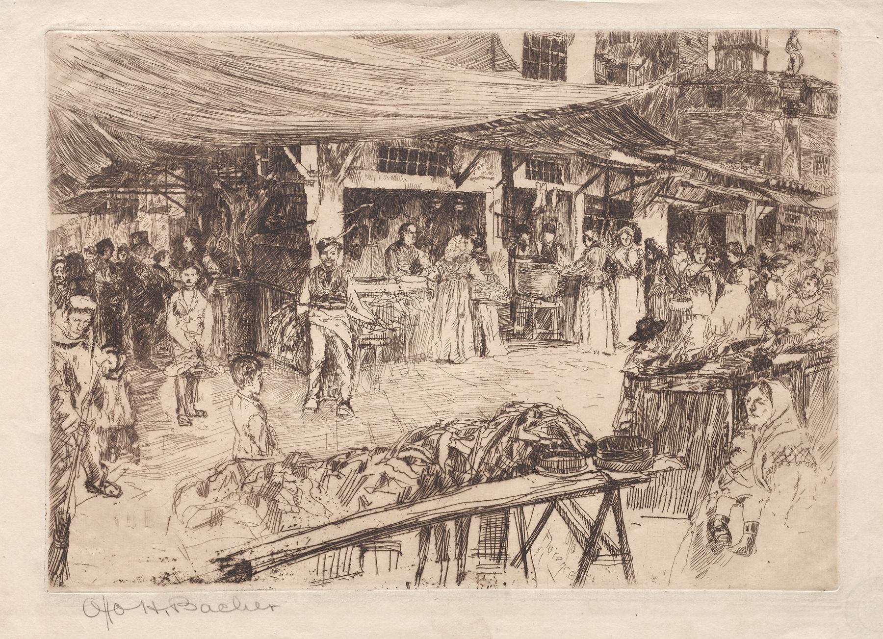 Genre scene depicting a bustling market in oil by Otto Henry Bacher