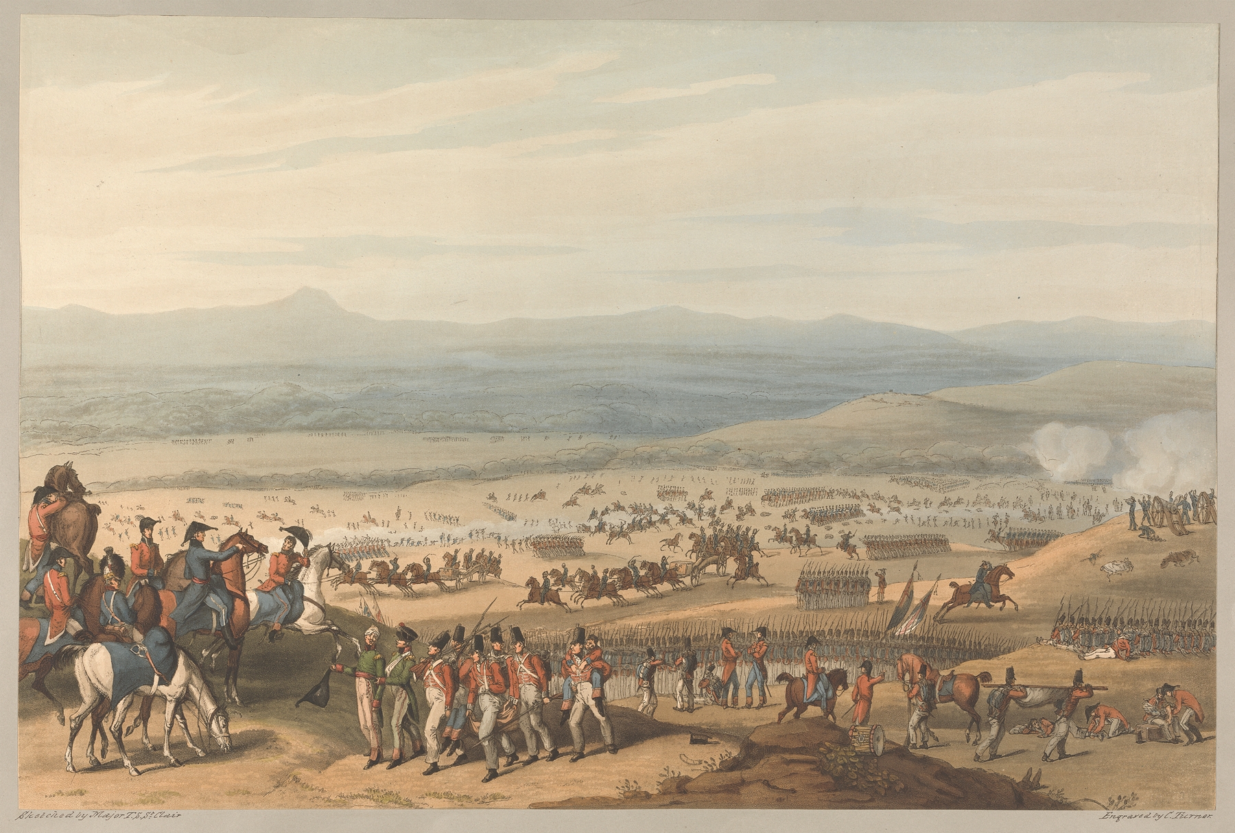 Battle of Fuontes d’Ouoro, 1811 by Charles Turner, depicting soldiers and chaos in a battlefield.