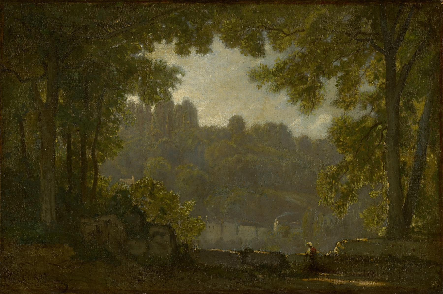Forest Landscape by Jean-Baptiste-Camille Corot, oil painting of serene hills and light.