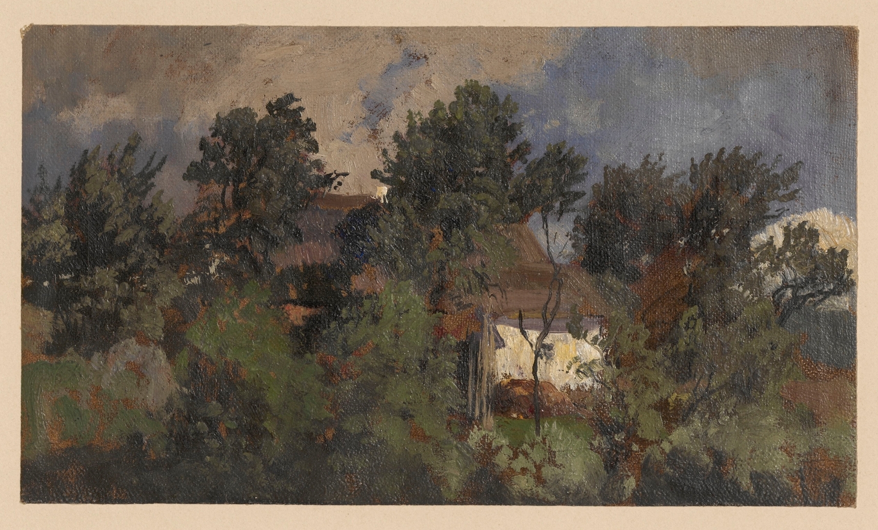 Houses among trees in Pełcznica, by Adolf Dressler, public domain