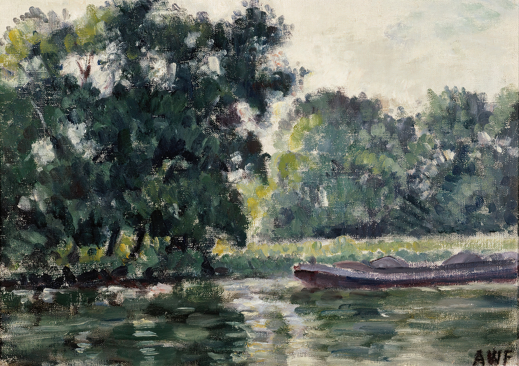 River landscape oil painting by Alfred William Finch featuring golden light and reflections.