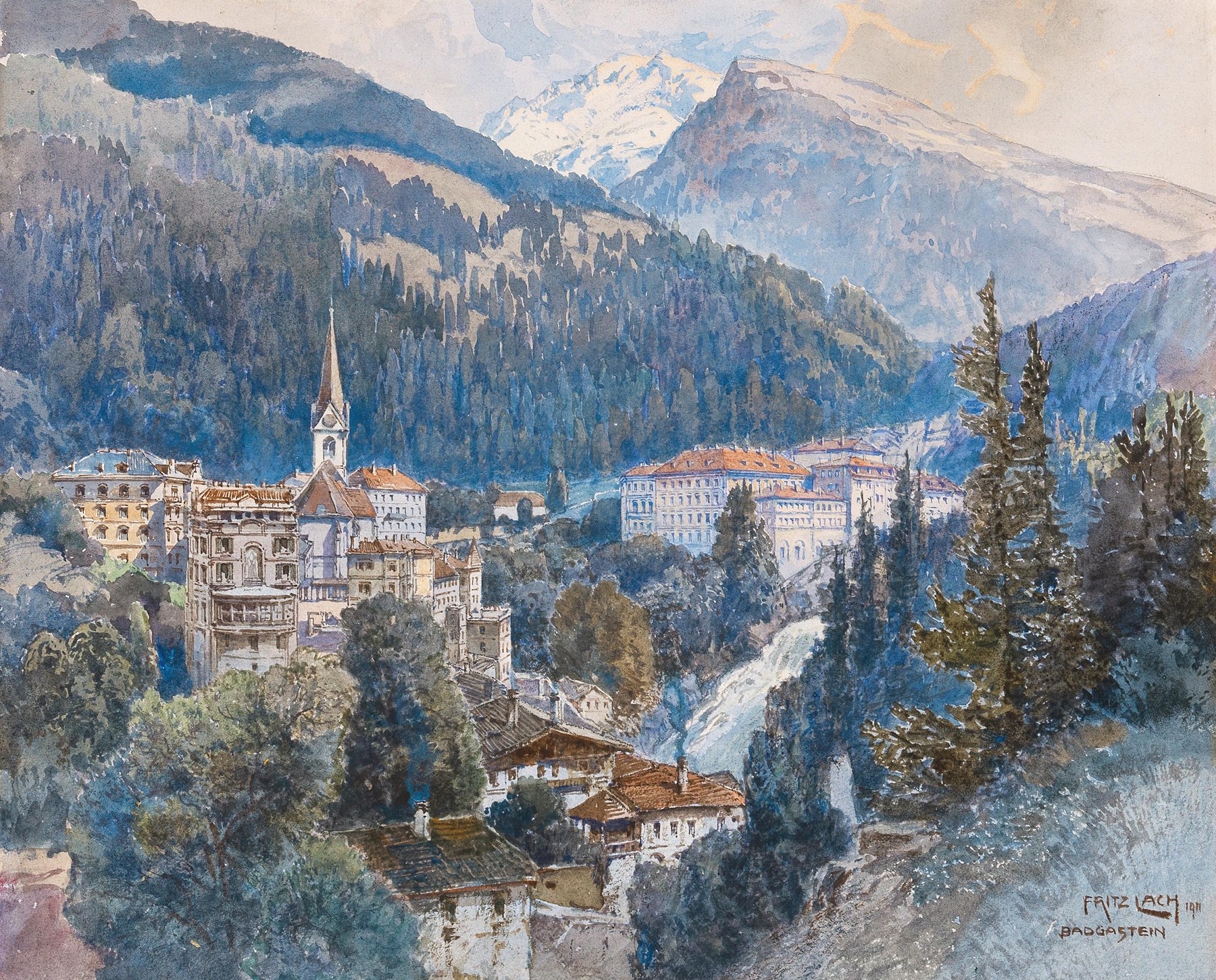A view of Bad Gastein and the waterfall, oil on canvas by Fritz Lach