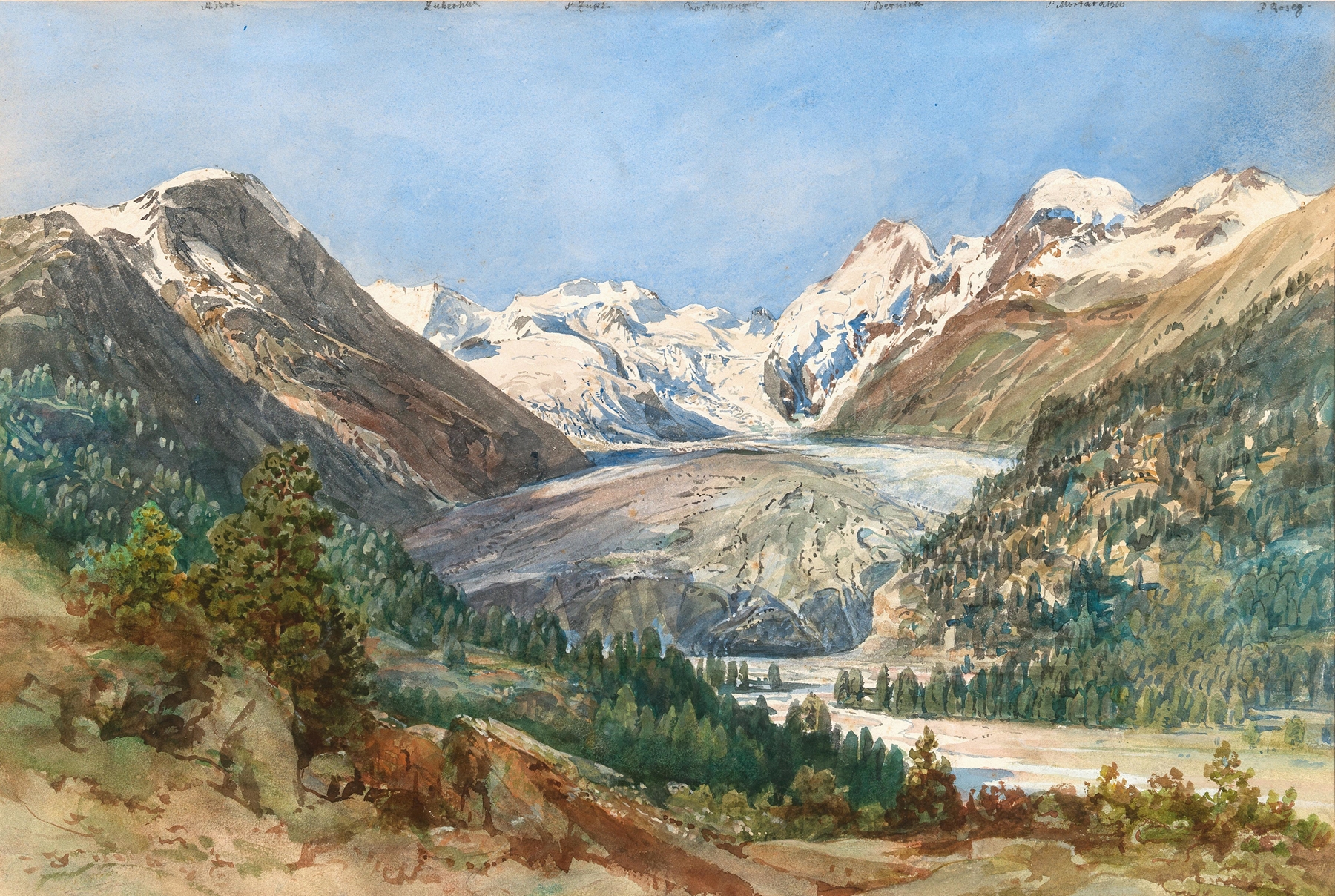 The Morteratsch Glacier landscape by Thomas Ender, depicting icy blues and mountains.