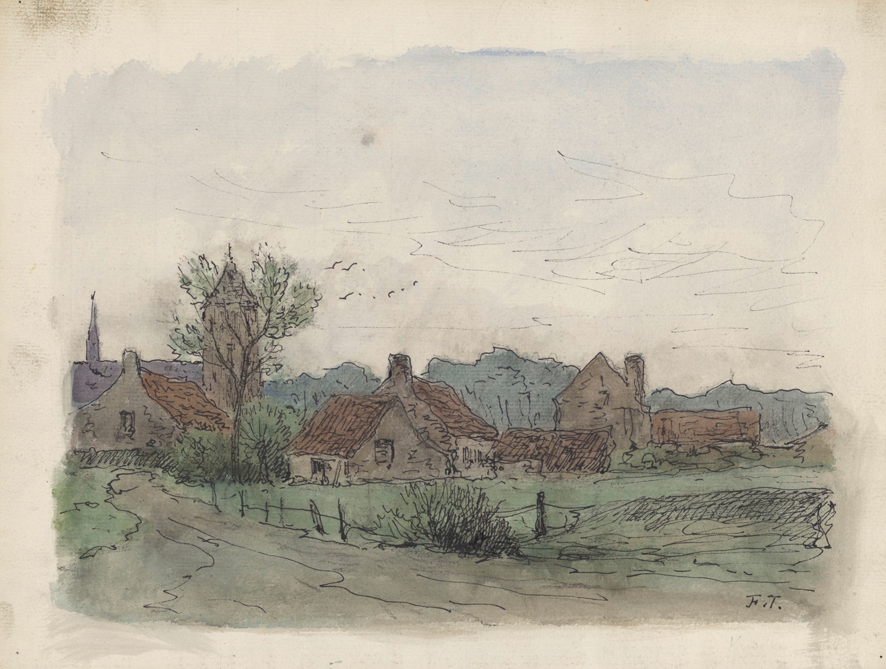 Landscape depicting a village with cottages, oil painting by Jean-François Taelemans