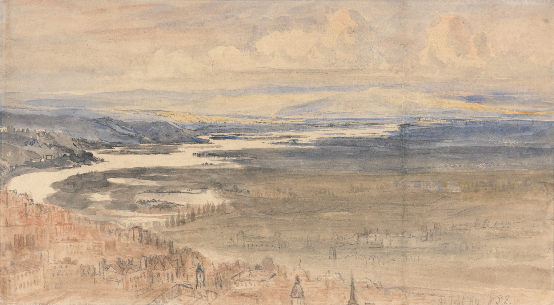 A River Scene by William Ellis, oil painting depicting a tranquil river landscape.
