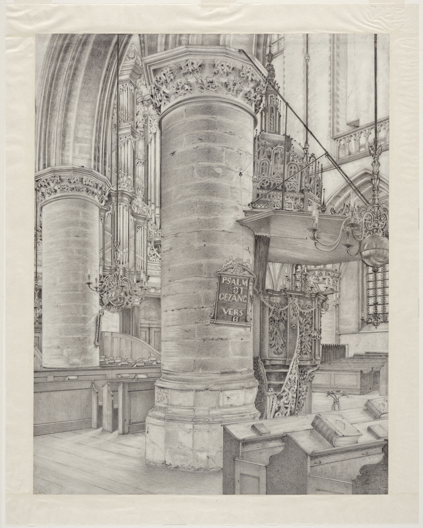 Interior scene featuring a pulpit, woodwork, by Willem Horsman, 1952