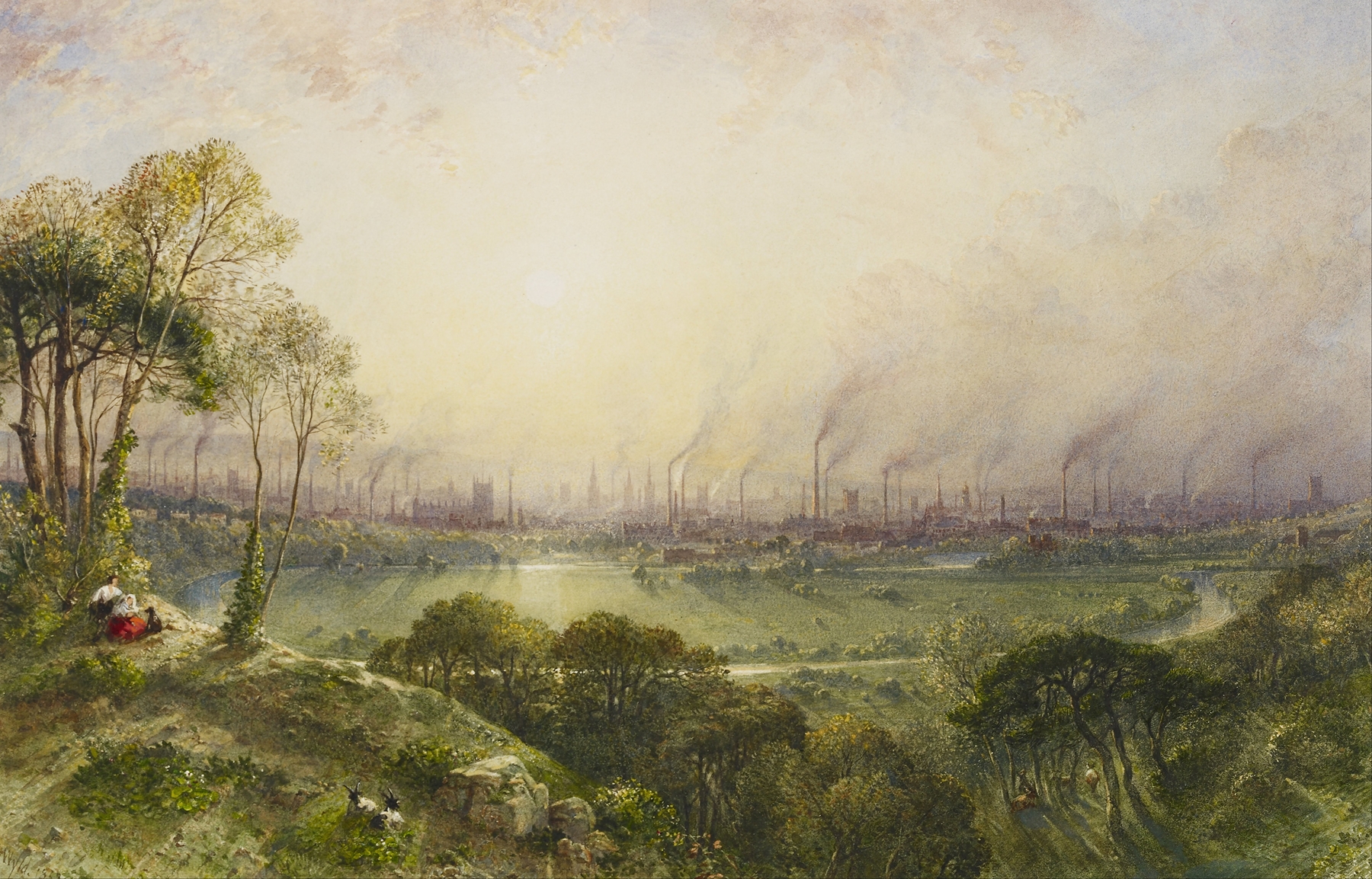 Landscape of Manchester from Kersal Moor, featuring rustic figures and goats, by William Wyld