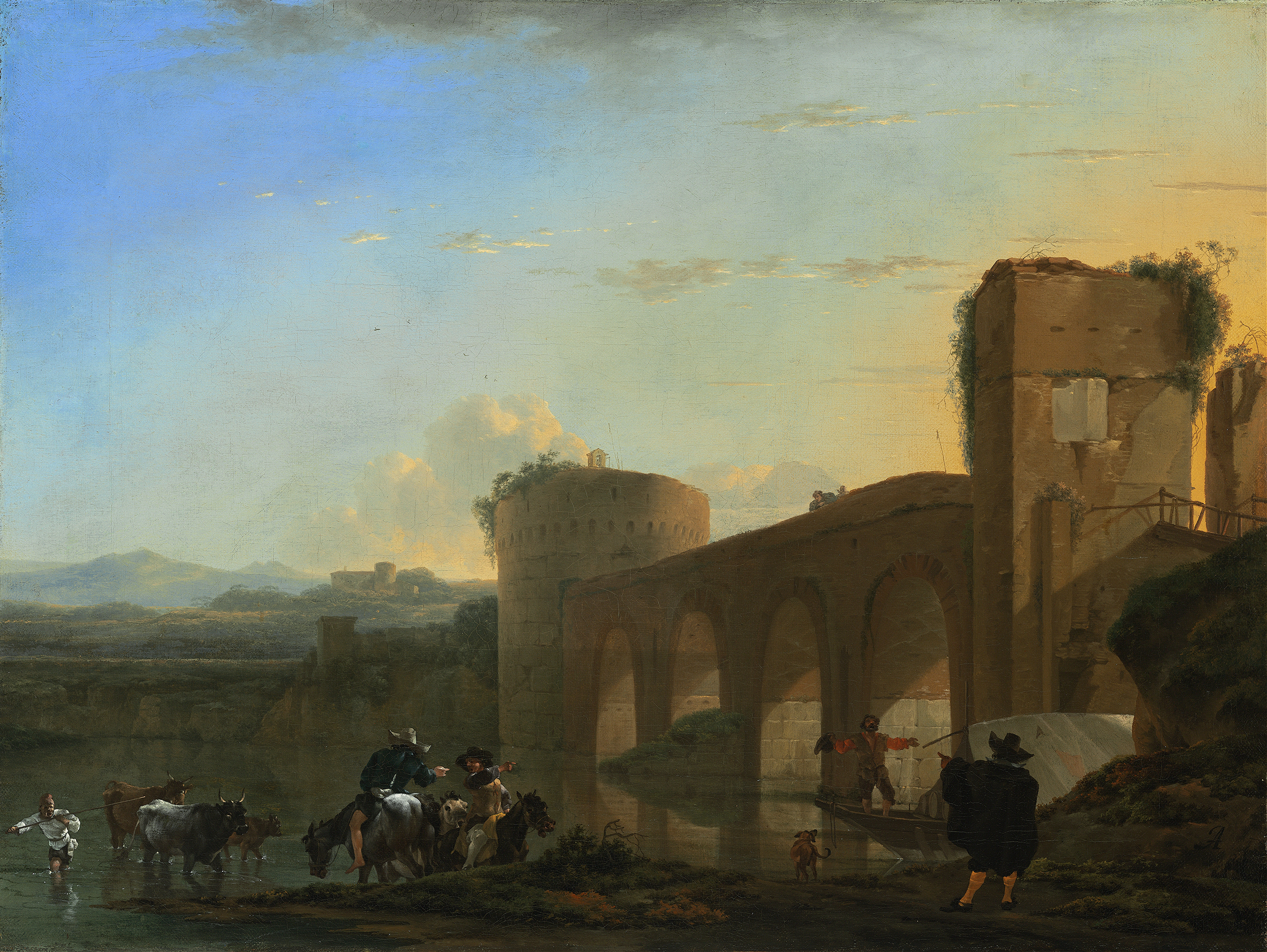 The Tiber River with the Ponte Molle at Sunset, by Jan Asselijn, public domain