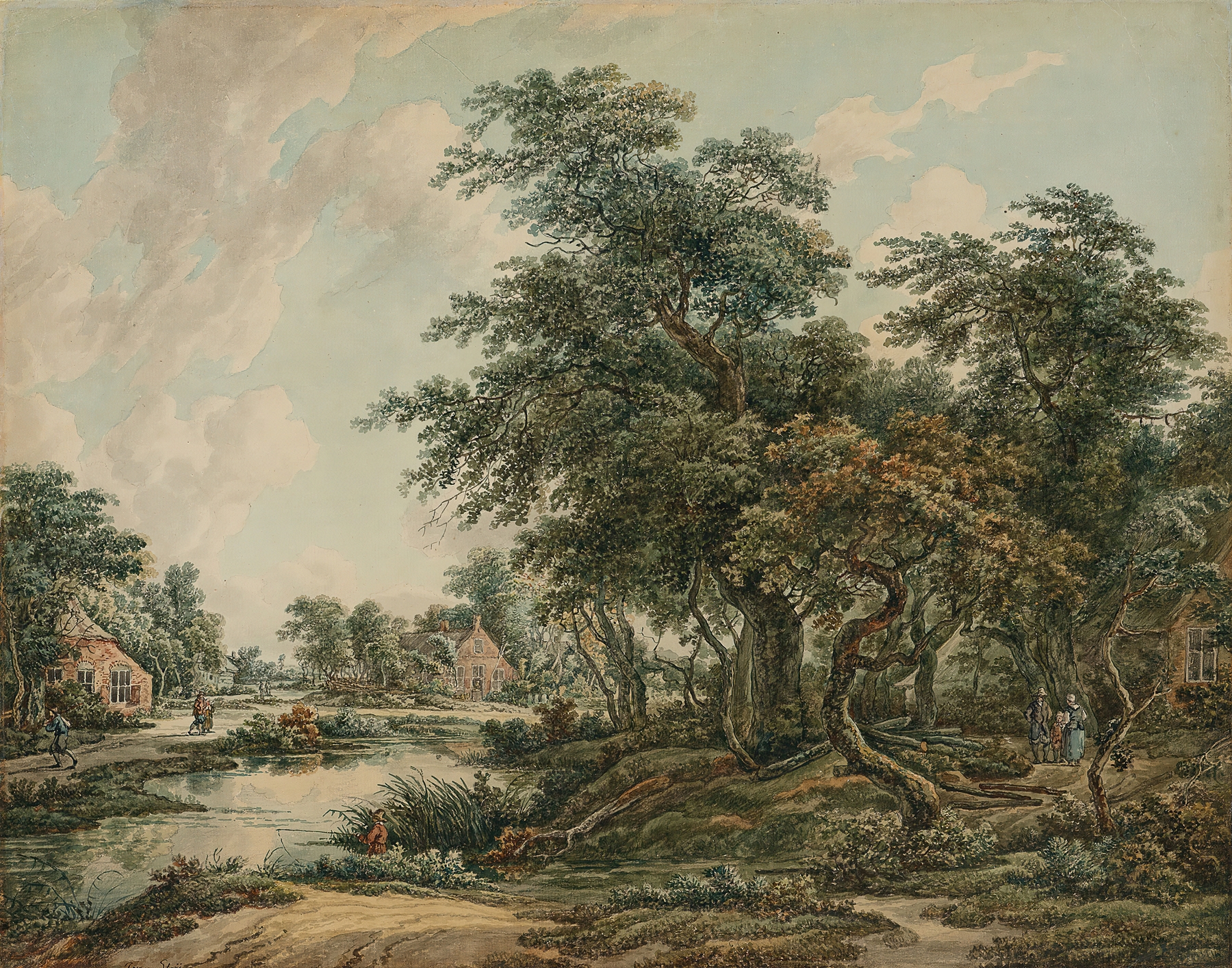 Landscape with figures and houses by Jacob van Strij, oil painting