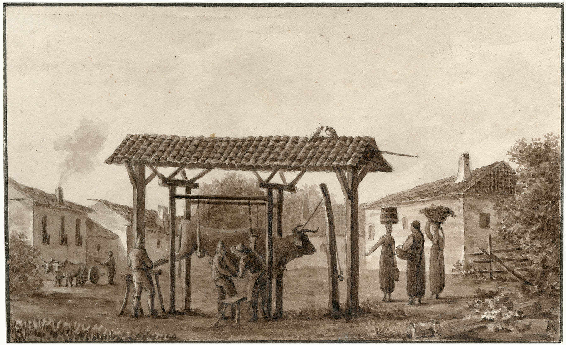 Realism artwork by Otto Howen depicting a courtyard with a tethered ox surrounded by greenery.