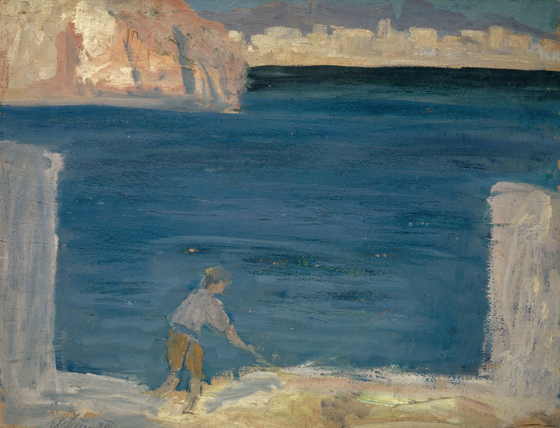 Oil painting by Ernst Schiess depicting a tranquil harbor scene
