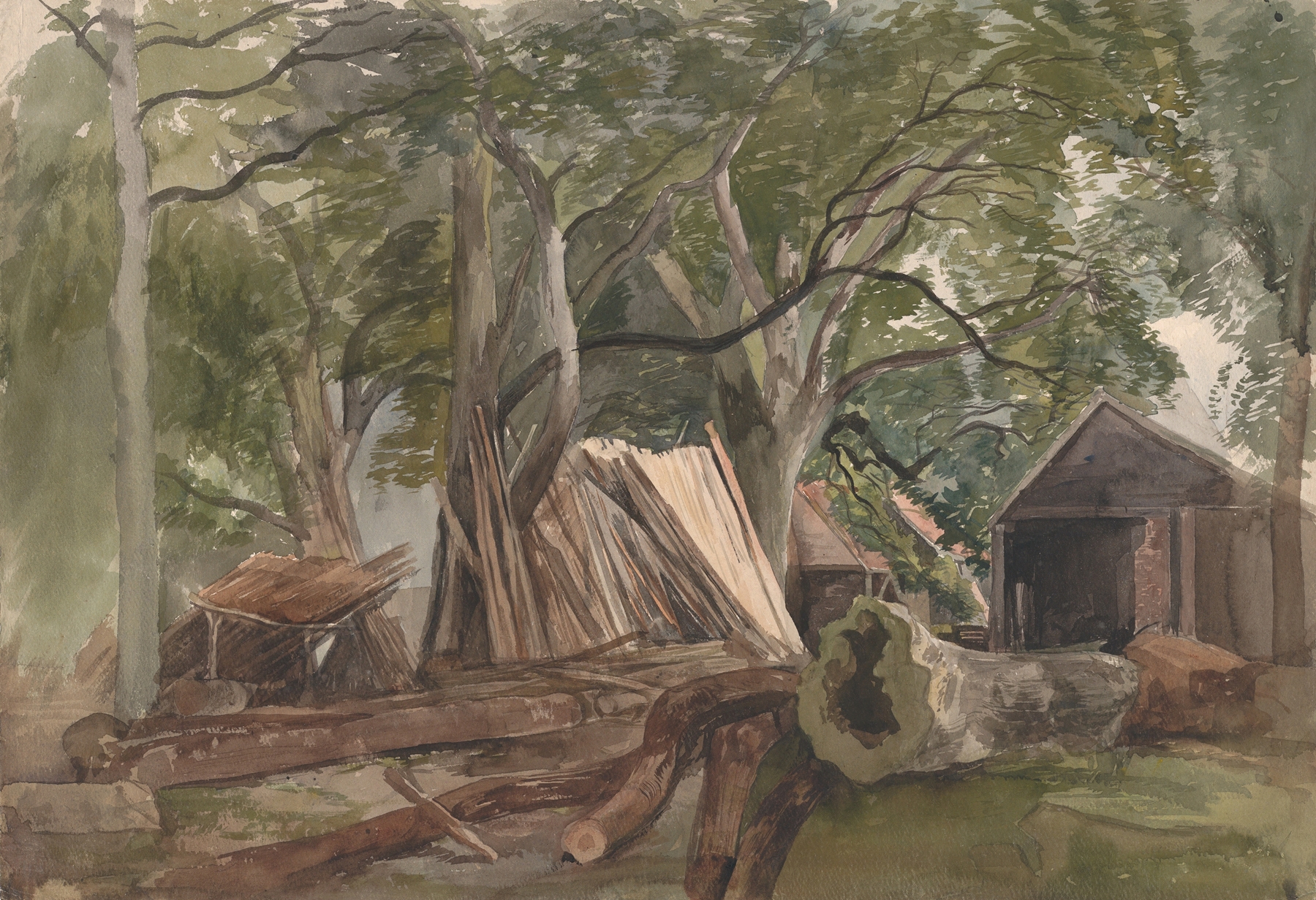 Oil painting by John Middleton depicting a lumber mill surrounded by trees and earthy tones.