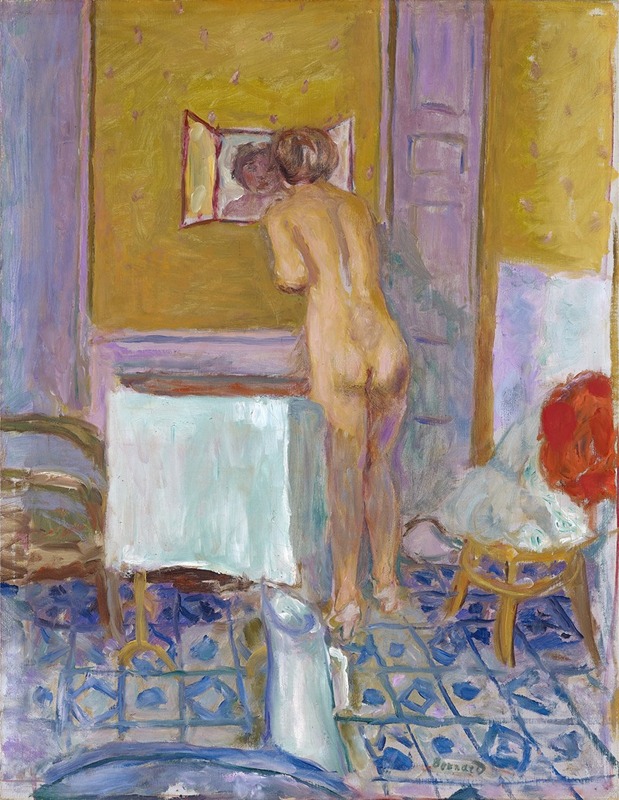 A nude woman draped in red cloth, painted by Pierre Bonnard.
