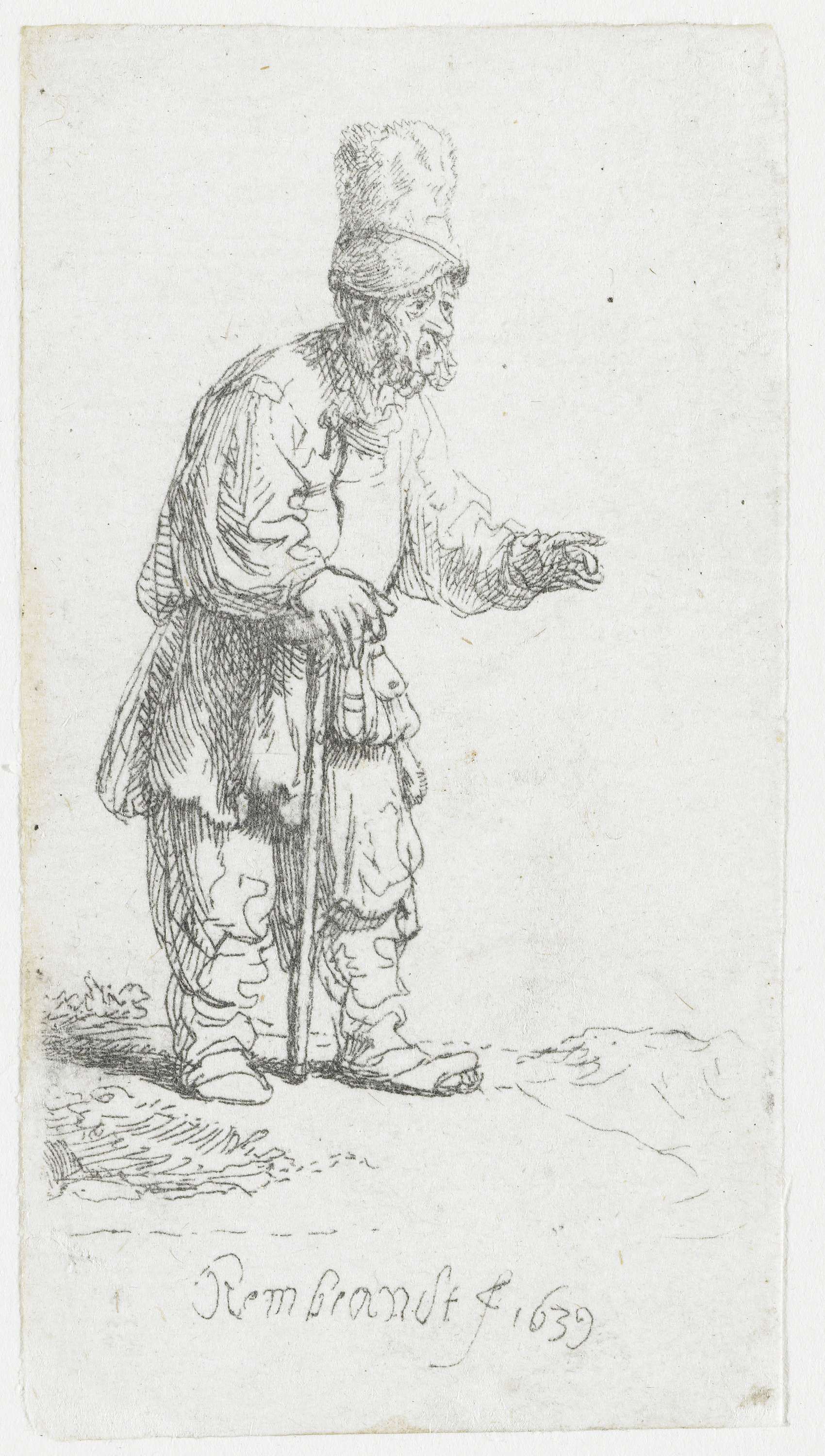 Etching by Rembrandt van Rijn of a peasant in a high cap leaning on a stick