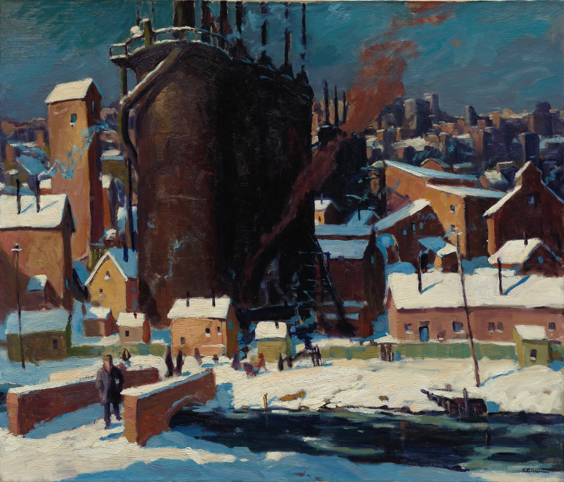 Figurative oil painting by Carl Gaertner depicting figures illuminated by a furnace's orange glow.
