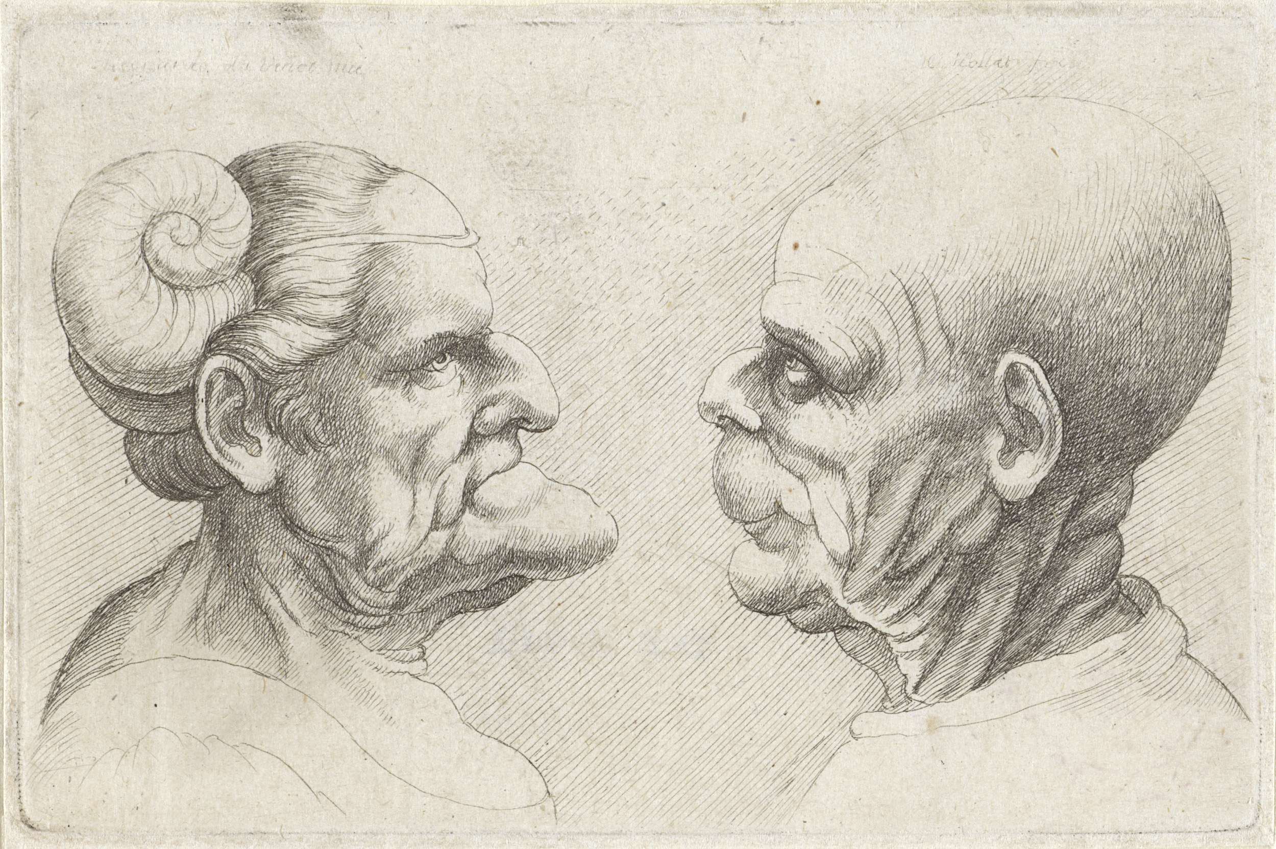 Etching by Wenceslaus Hollar of bald man and woman with horns on their heads.
