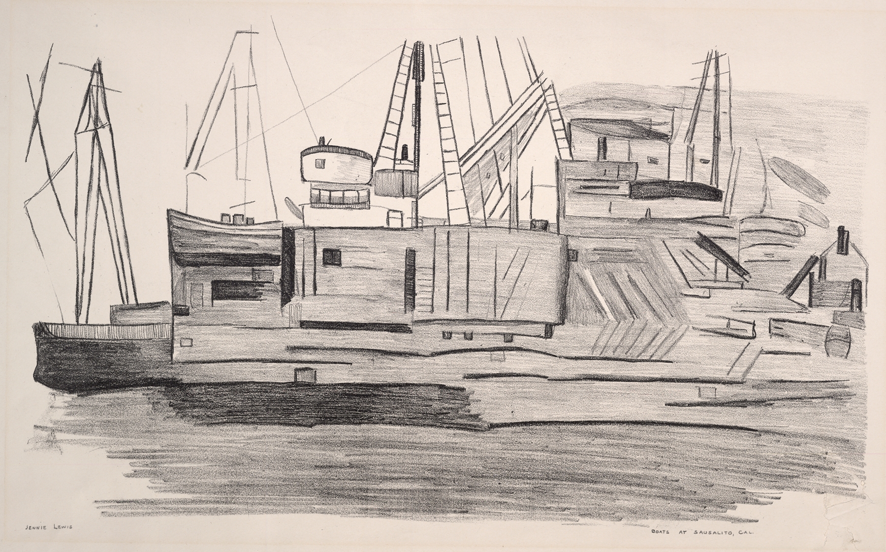 Boats at Sausalito by Jennie Lewis, impressionism, depicting calm water and reflections.