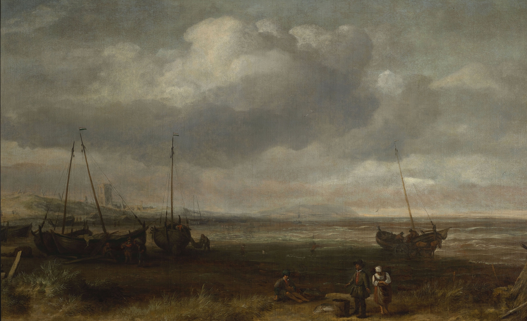 Seaside in Scheveningen with fishing boats, by Simon de Vlieger, public domain
