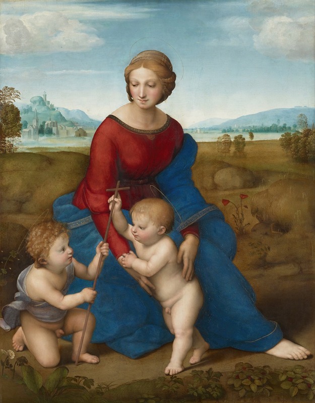 Raphael's 'Madonna In The Meadow' depicts the Virgin Mary with a serene expression in a lush landscape.