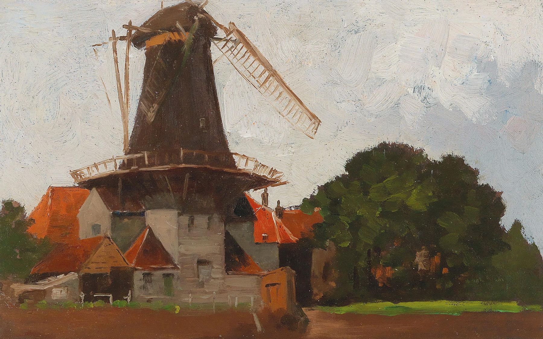Landscape with a mill and swirling river, oil painting by Adolf Kaufmann