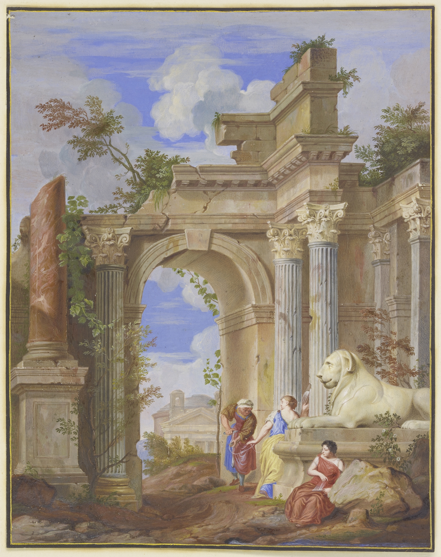 Oil painting by Jan Baptist Weenix depicting three Fates and a lion among ruins