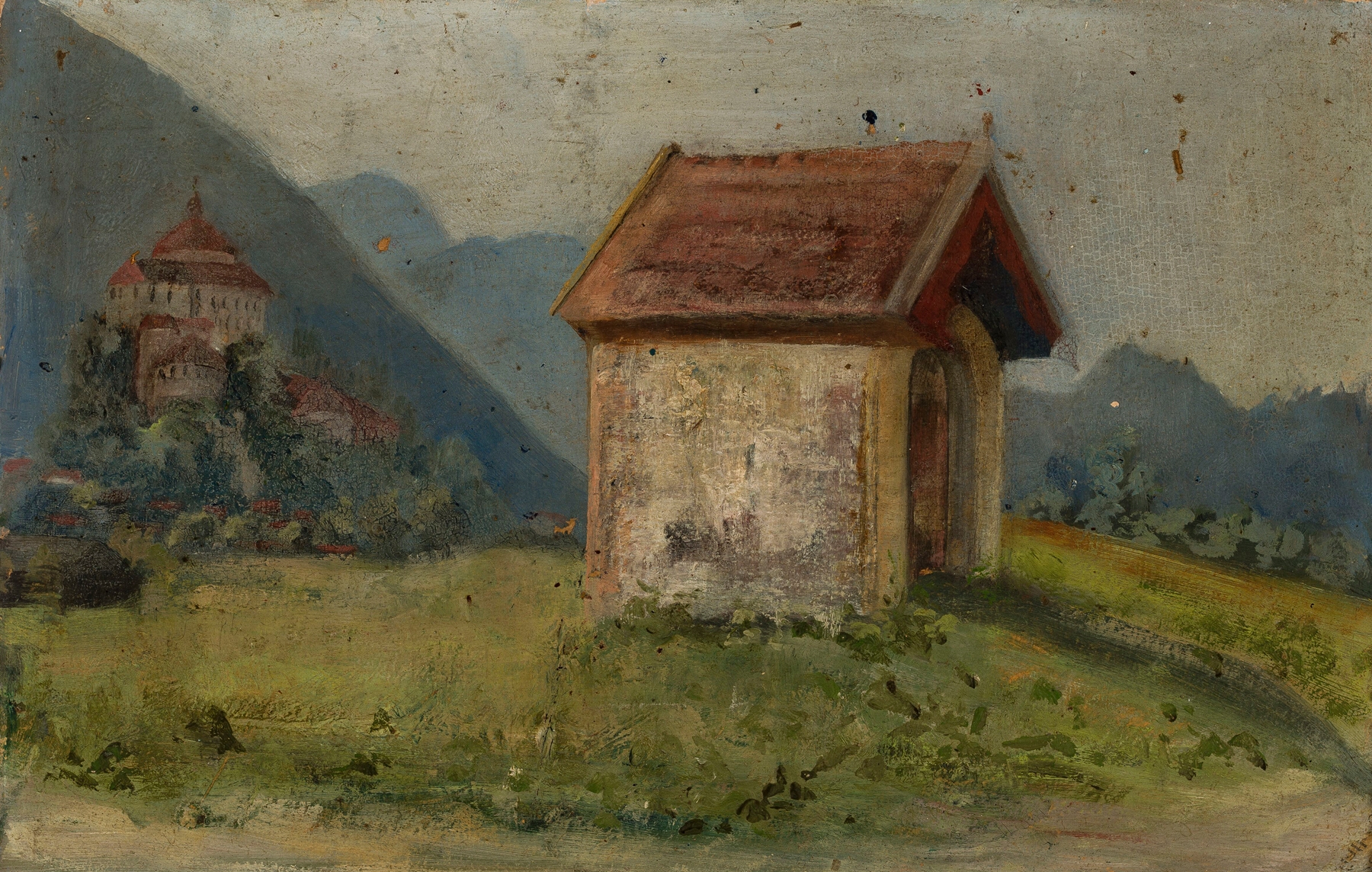 Kufstein Fortress in Tyrol, oil on canvas by Marie Ibsen Jensen, set against a vast landscape.