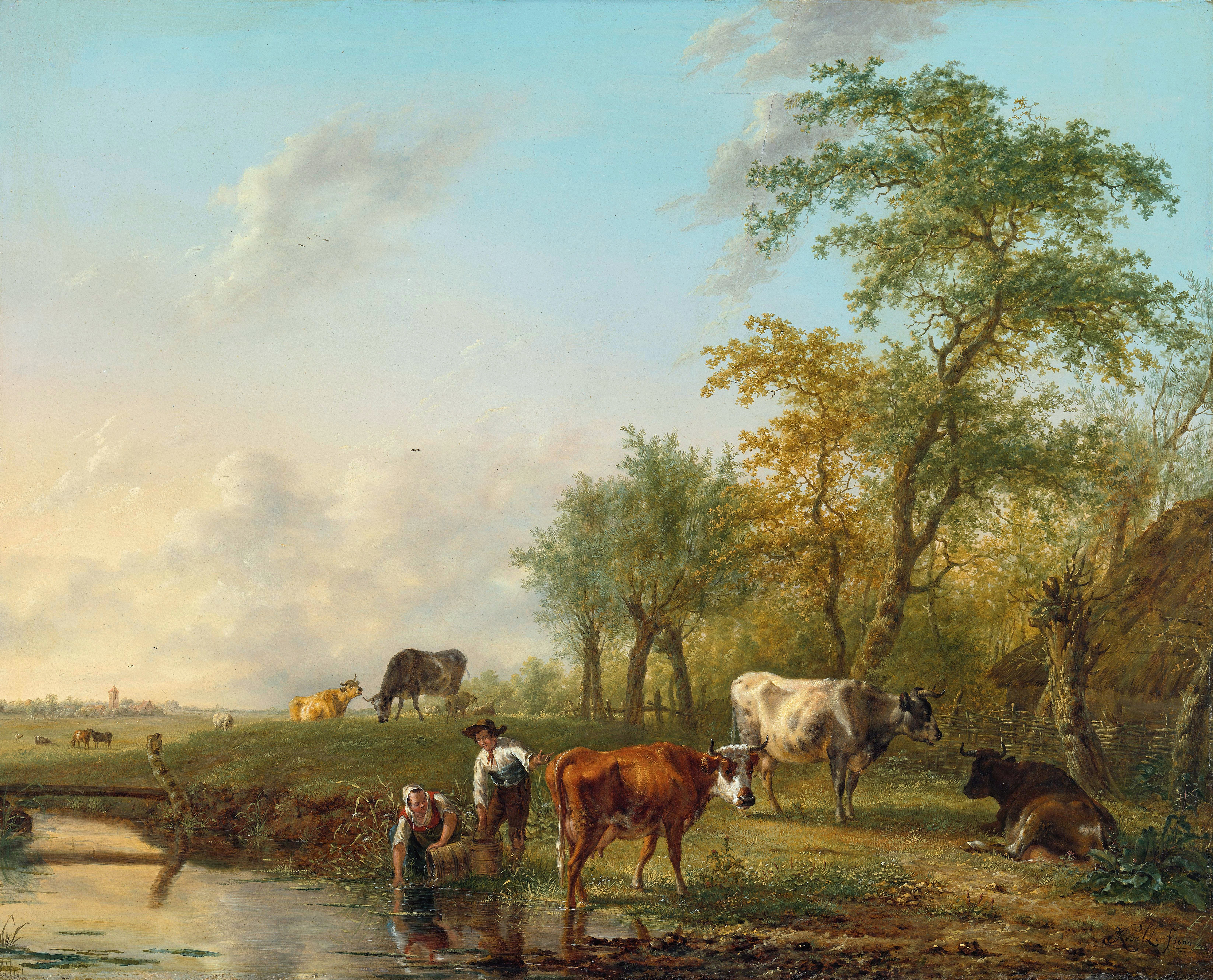 Landscape with Cattle by Jan Kobell II, depicting cattle grazing in a lush landscape, oil painting.