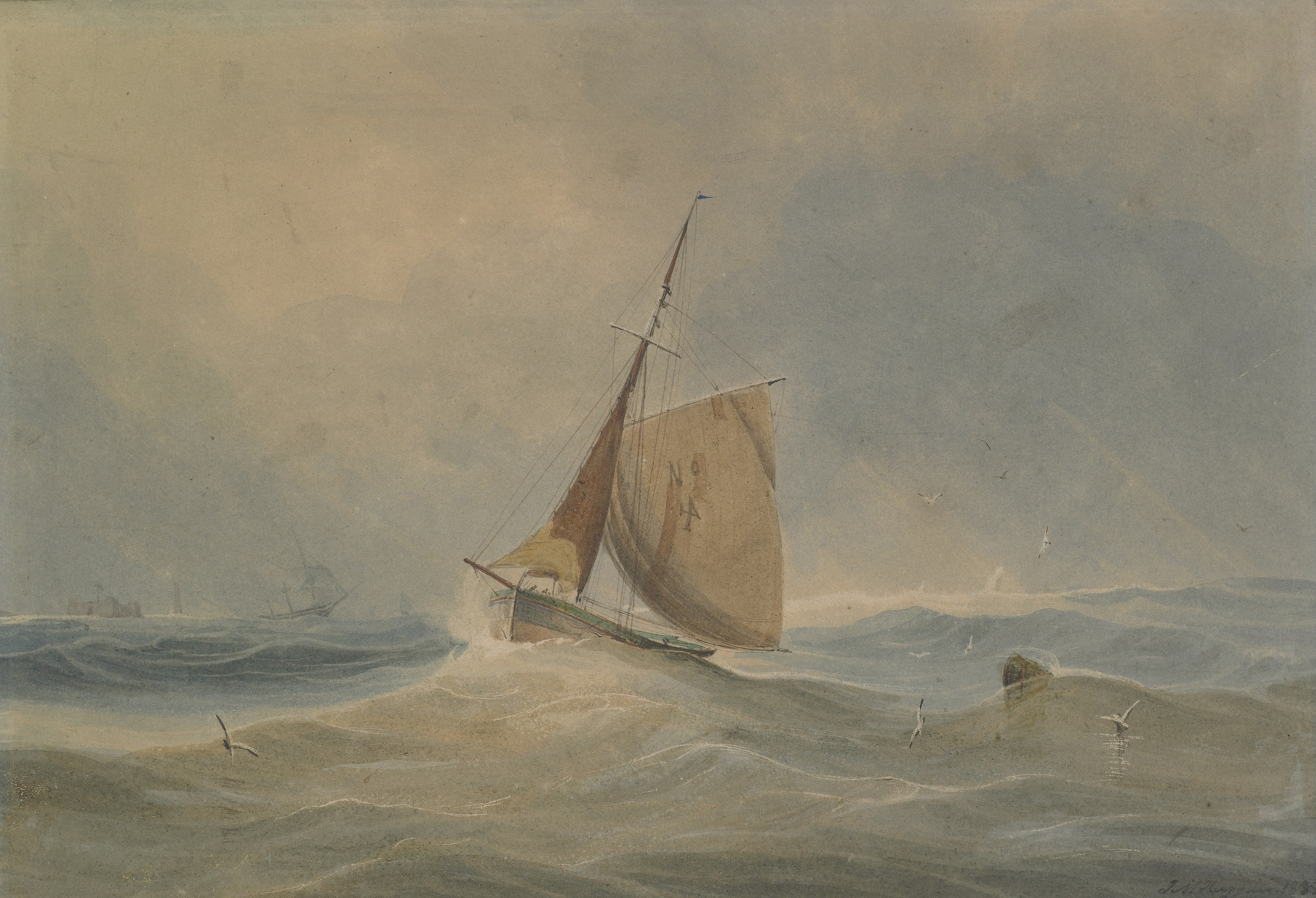 Marine by James Miller Huggins, oil painting depicting a tranquil seascape under a cloudy sky.