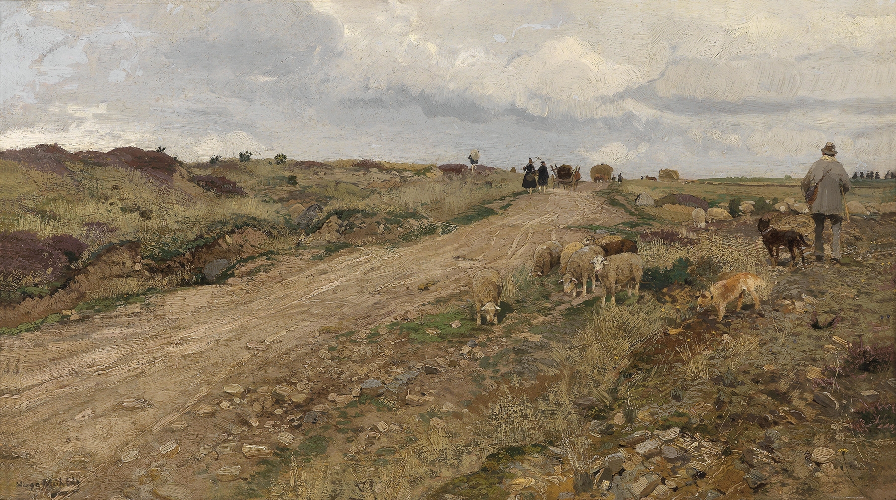 Oil painting by Hugo Mühlig depicting a shepherd in twilight.