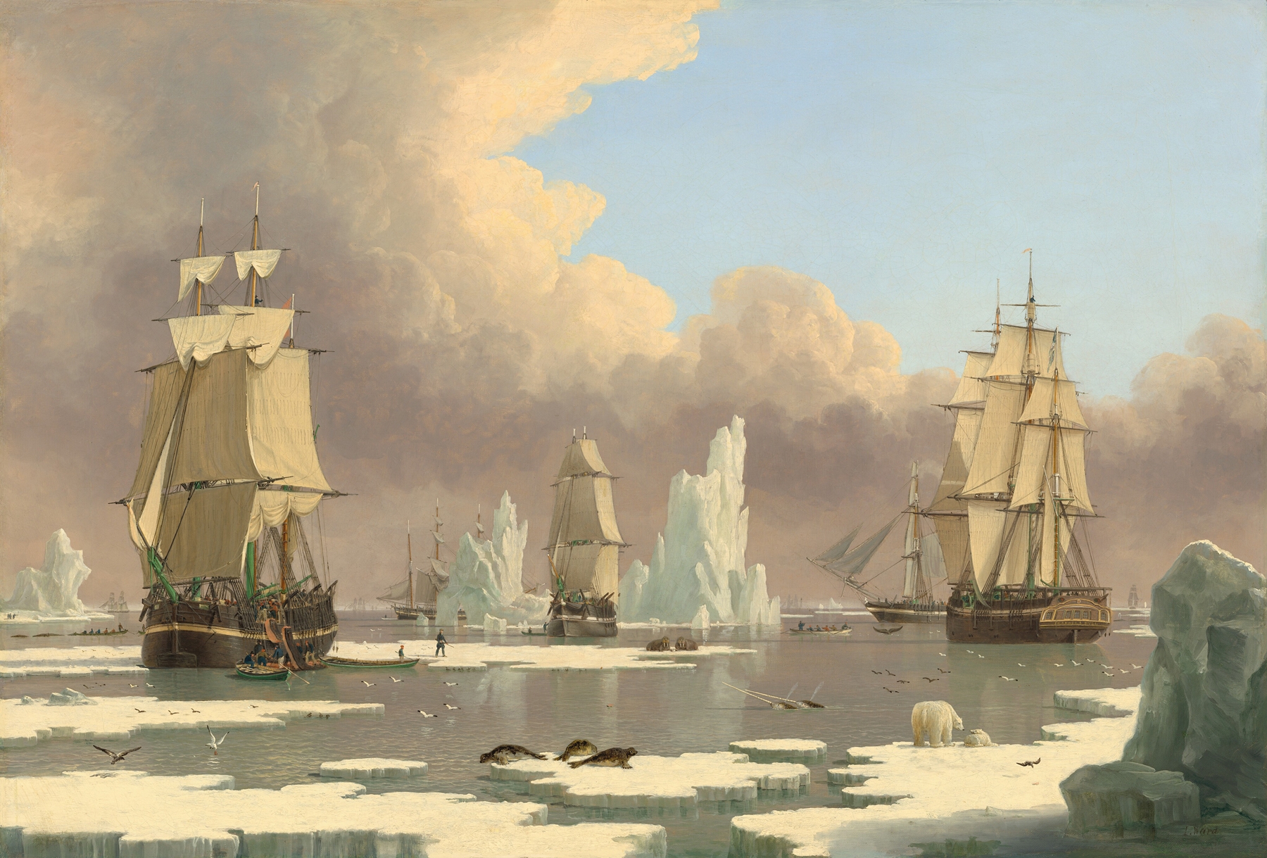 The Northern Whale Fishery, oil on canvas by John Ward of Hull, depicting ships in a stormy ocean.
