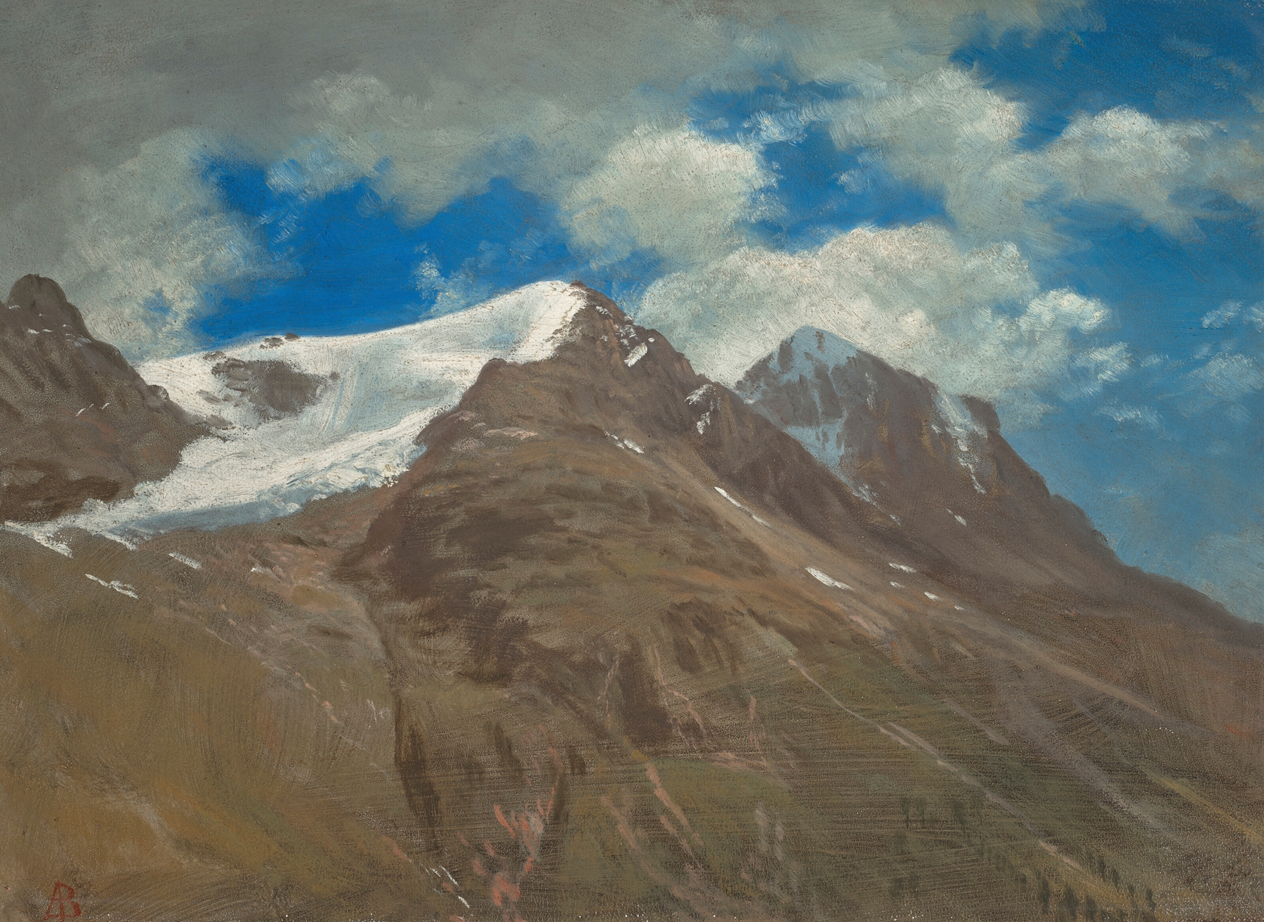 Snow-capped mountains and forest, oil on canvas by Albert Bierstadt