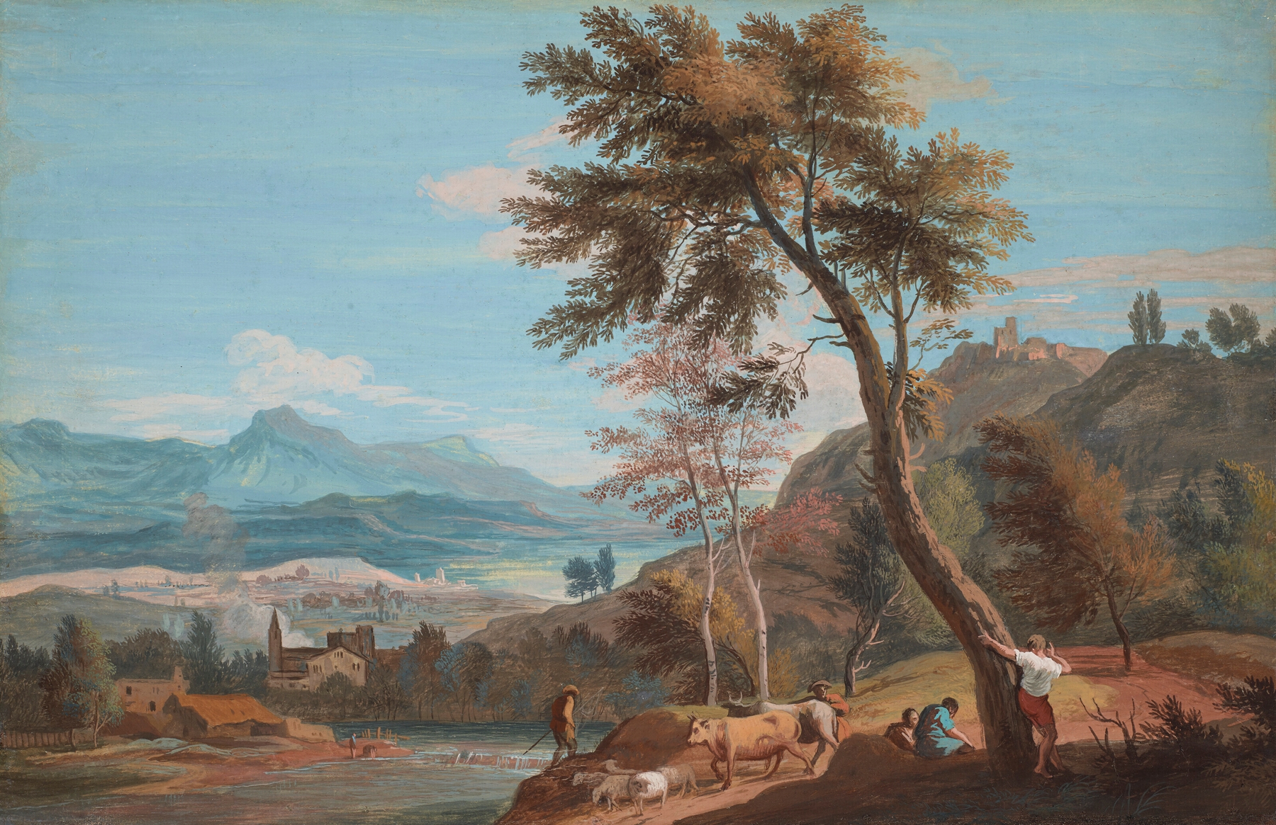 Farmers and cattle by a river, by Marco Ricci, public domain