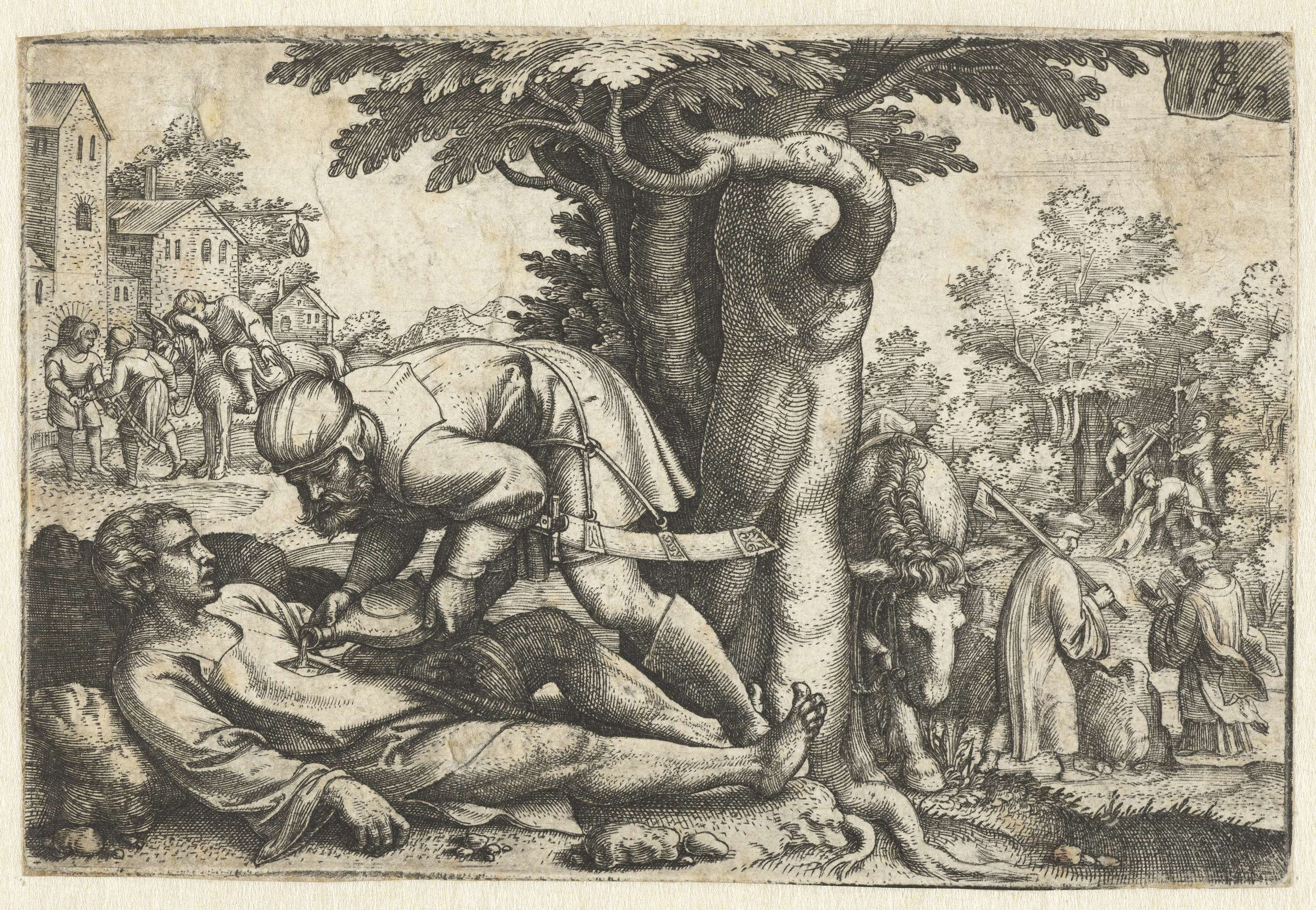 Barmhartige Samaritaan verzorgt gewonde reiziger, by Georg Pencz, public domain