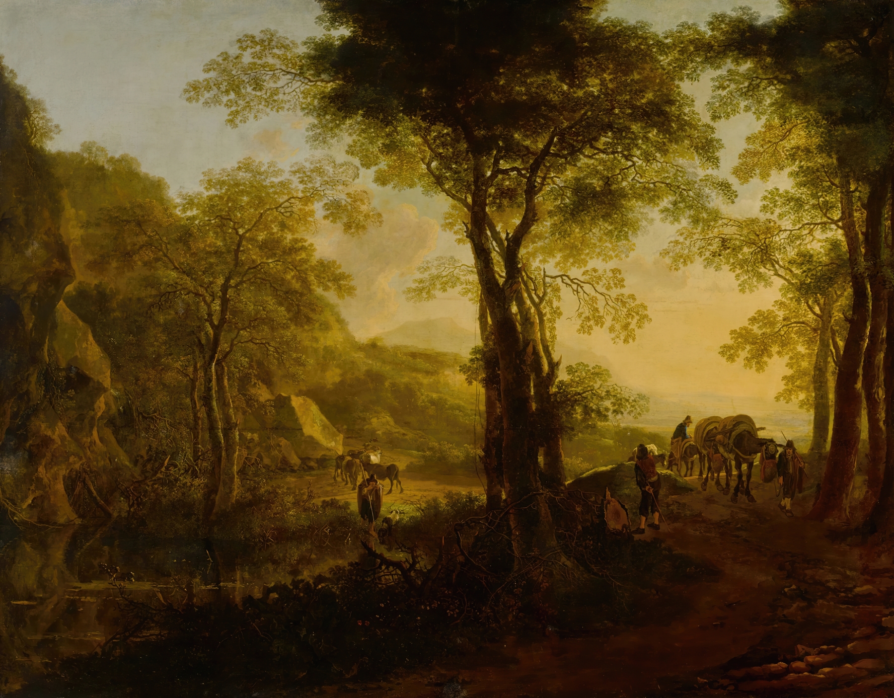 Italianate landscape at sunset, with travelers on a country road, by Jan Both, public domain